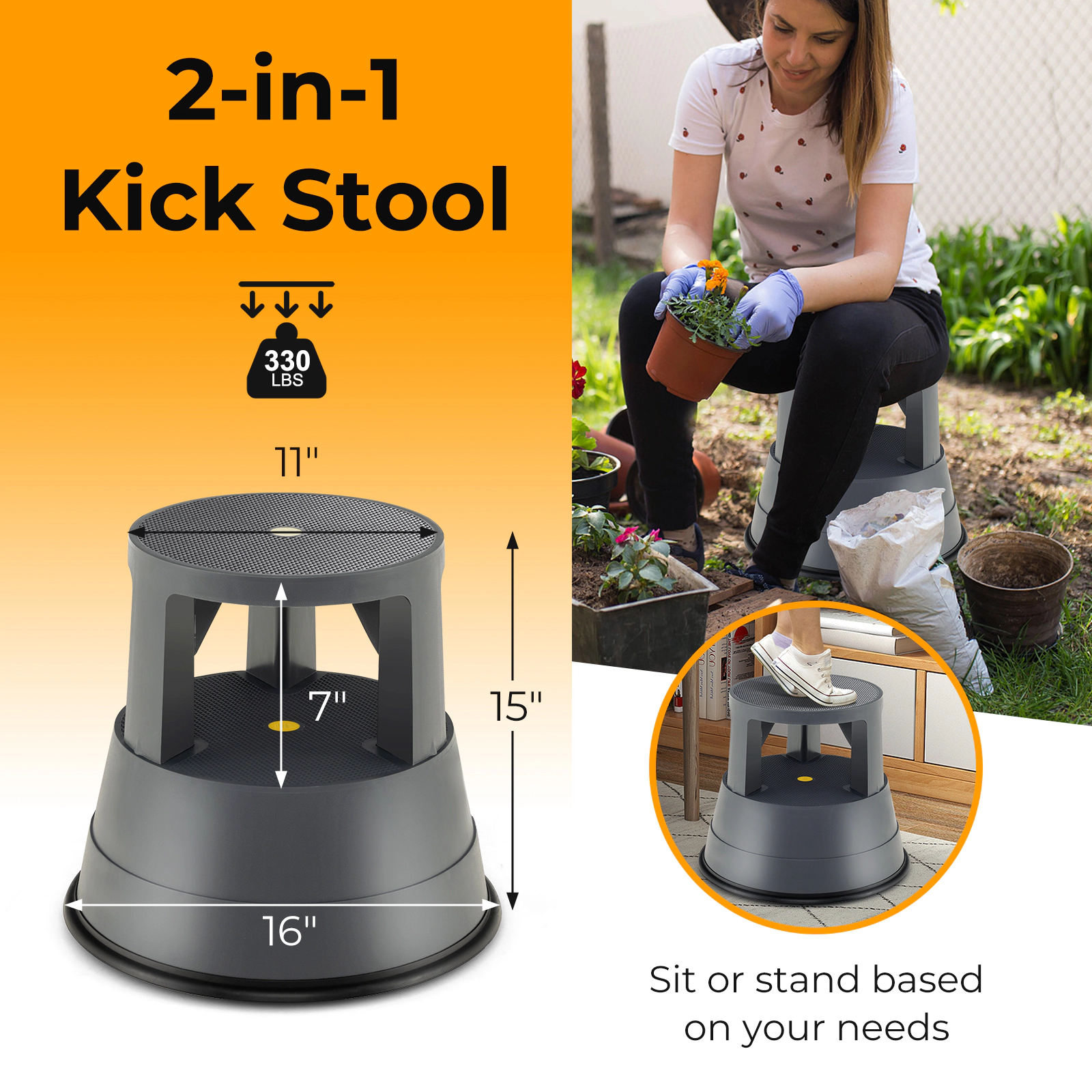 SUGIFT Rolling Step Stool Non-Slip PP Platform Spring Loaded Wheels 330-lb Capacity 14.5 x 16.5-in 7.5-in Lower Gray
