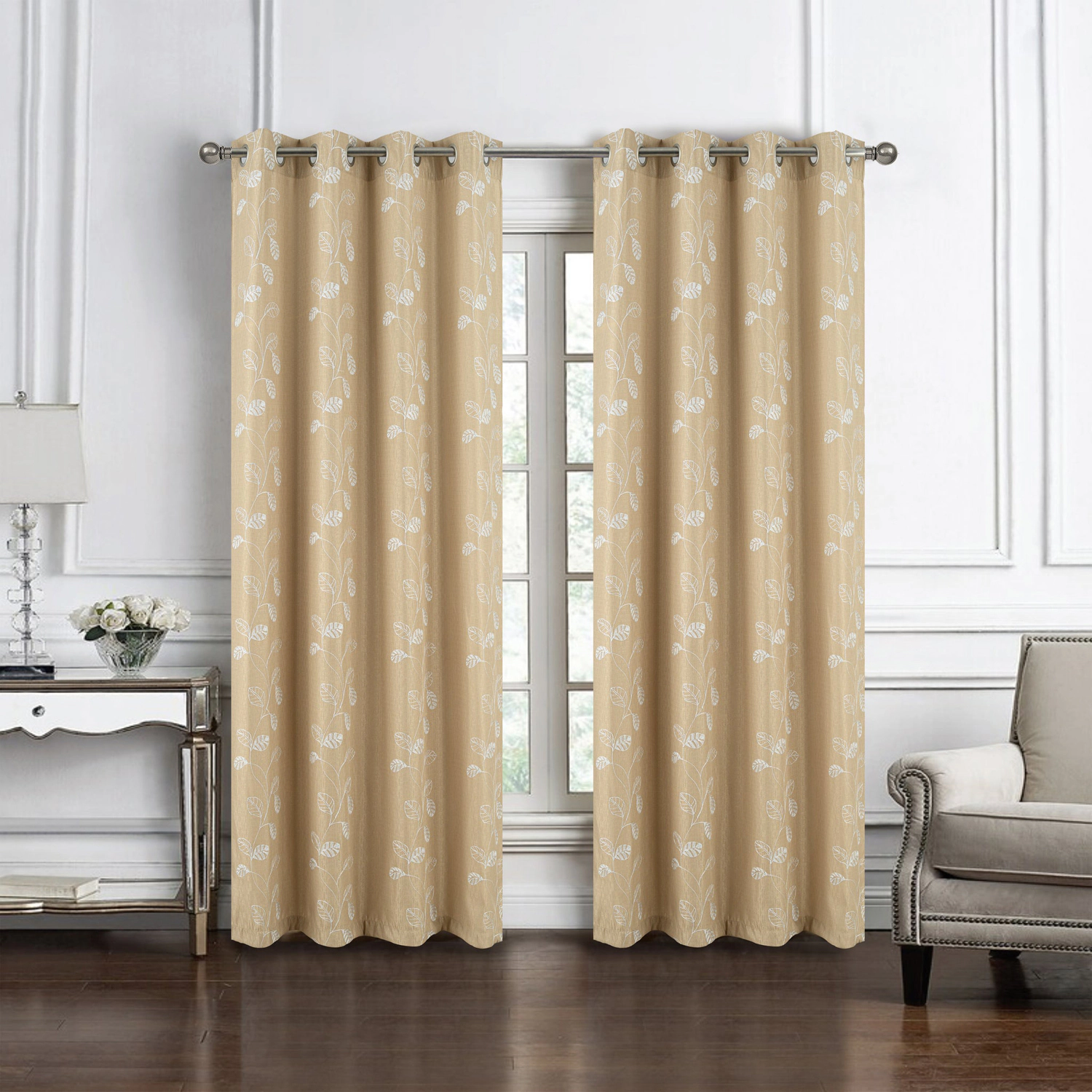RT Designers Collection 100% Polyester 140 GSM Reed Embroidered Grommet Curtain Panel 54" x 84" Taupe