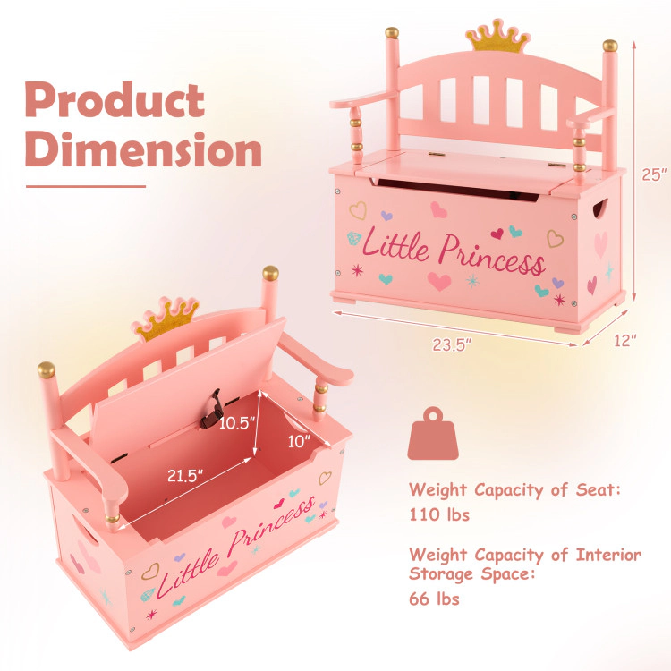 Hivvago 2-In-1 Kids Princess Wooden Toy Box with Safe Hinged Lid