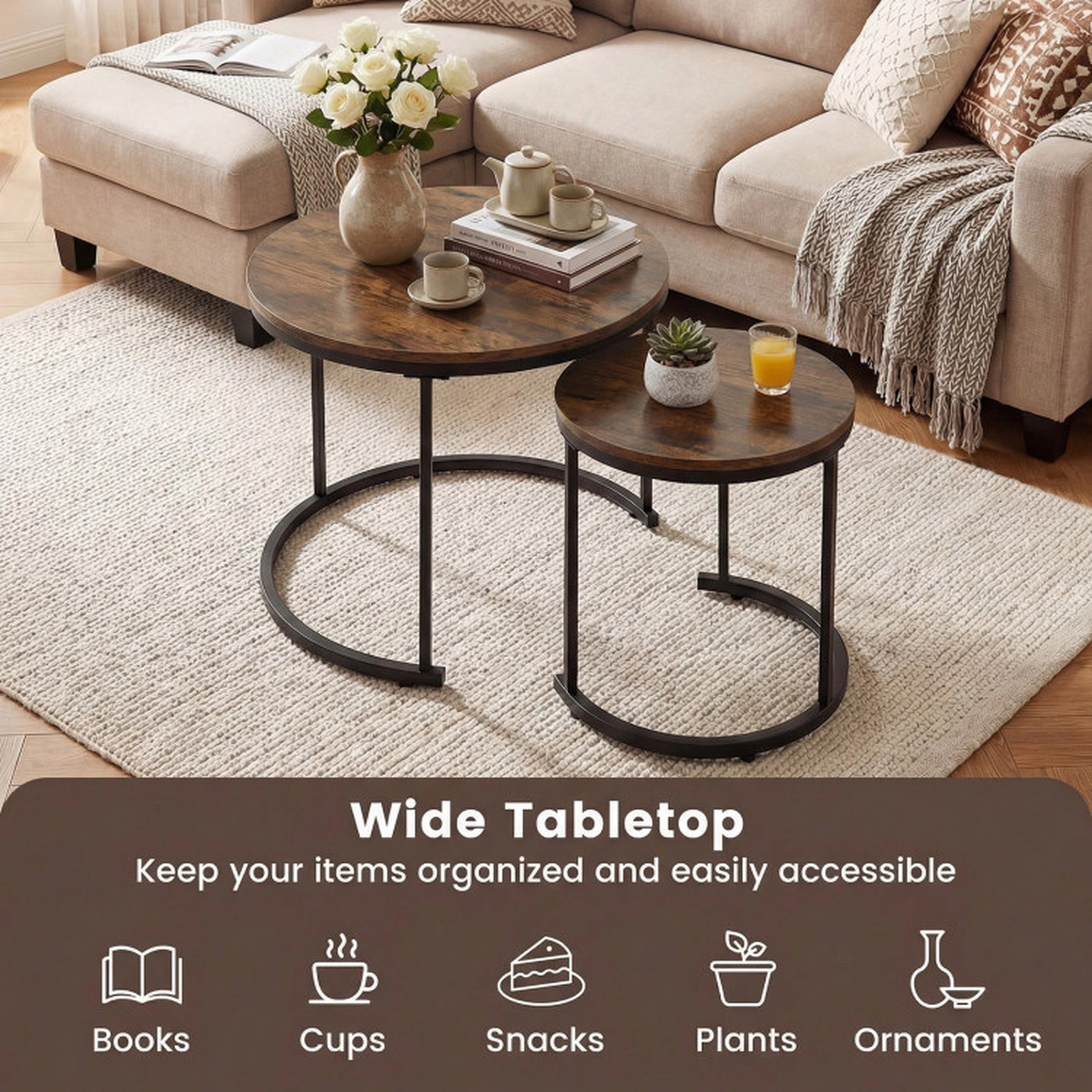 SUGIFT Set of 2 Round Nesting MDF Top Steel Frame Coffee Tables 24-in Dia x 20-in H 16-in Dia x 16.5-in H Rustic Brown