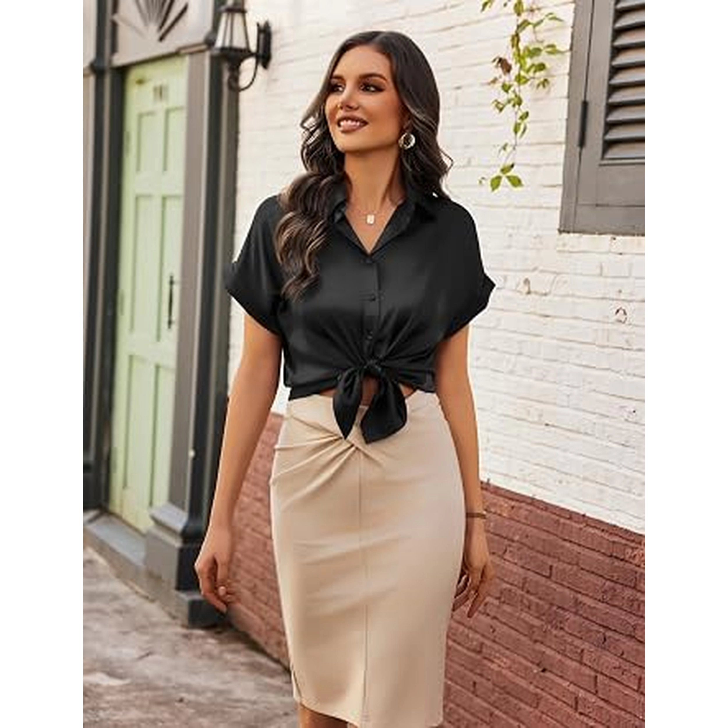 Zeagoo Satin Blouses for Women Silk Button Down Shirts Short Sleeve Business Casual Tops