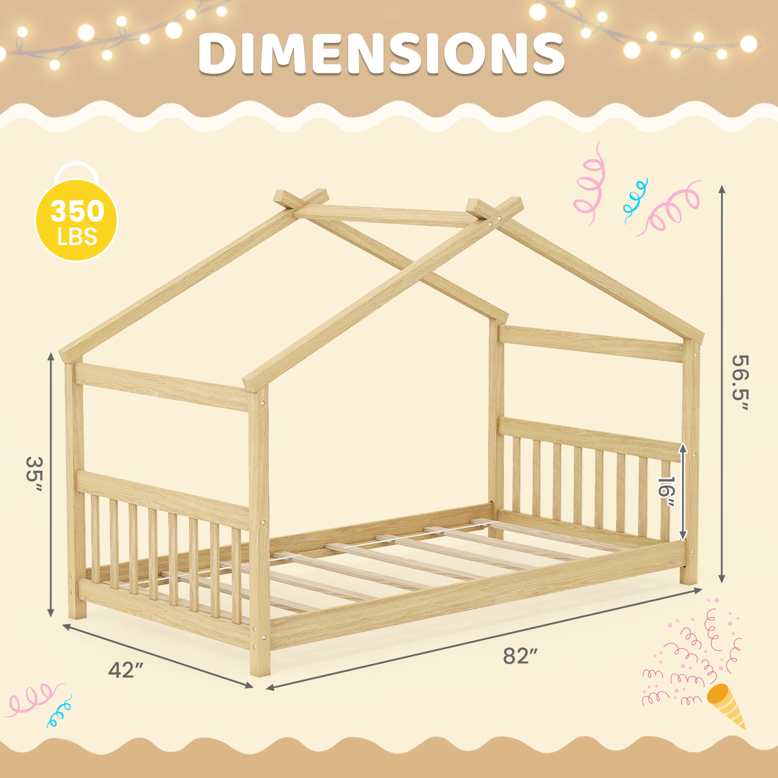 SUGIFT Twin Size Wooden House Bed Frame with Roof 350-lb Capacity Pine Wood Plywood 82-in Long White/Natural