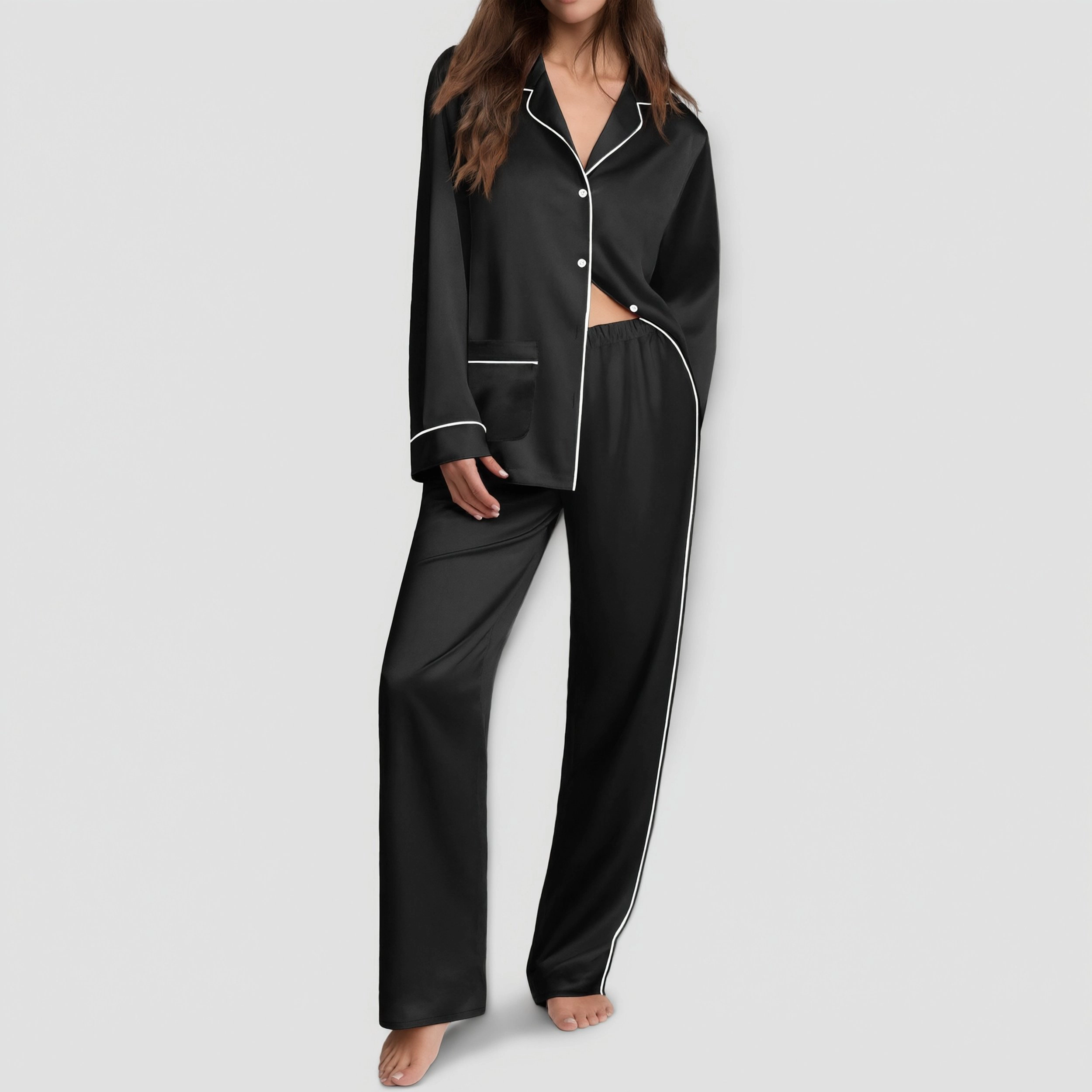 Ekouaer Womens Pajama Sets Satin Silk Pajamas Classic Button Down Sleepwear Long Sleeve Lounge