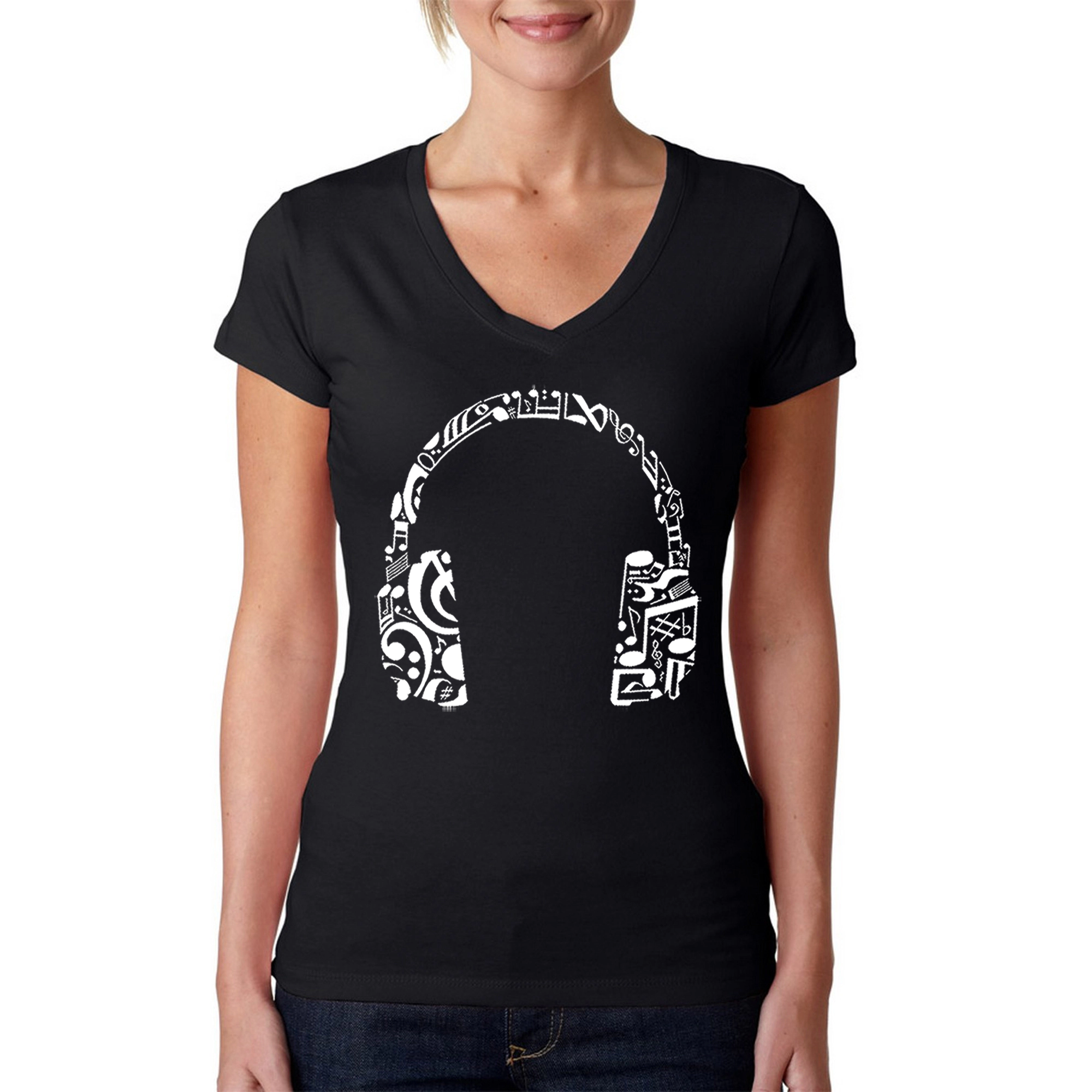 LA Pop Art Womens Word V-Neck T-Shirt - Music Note Headphones