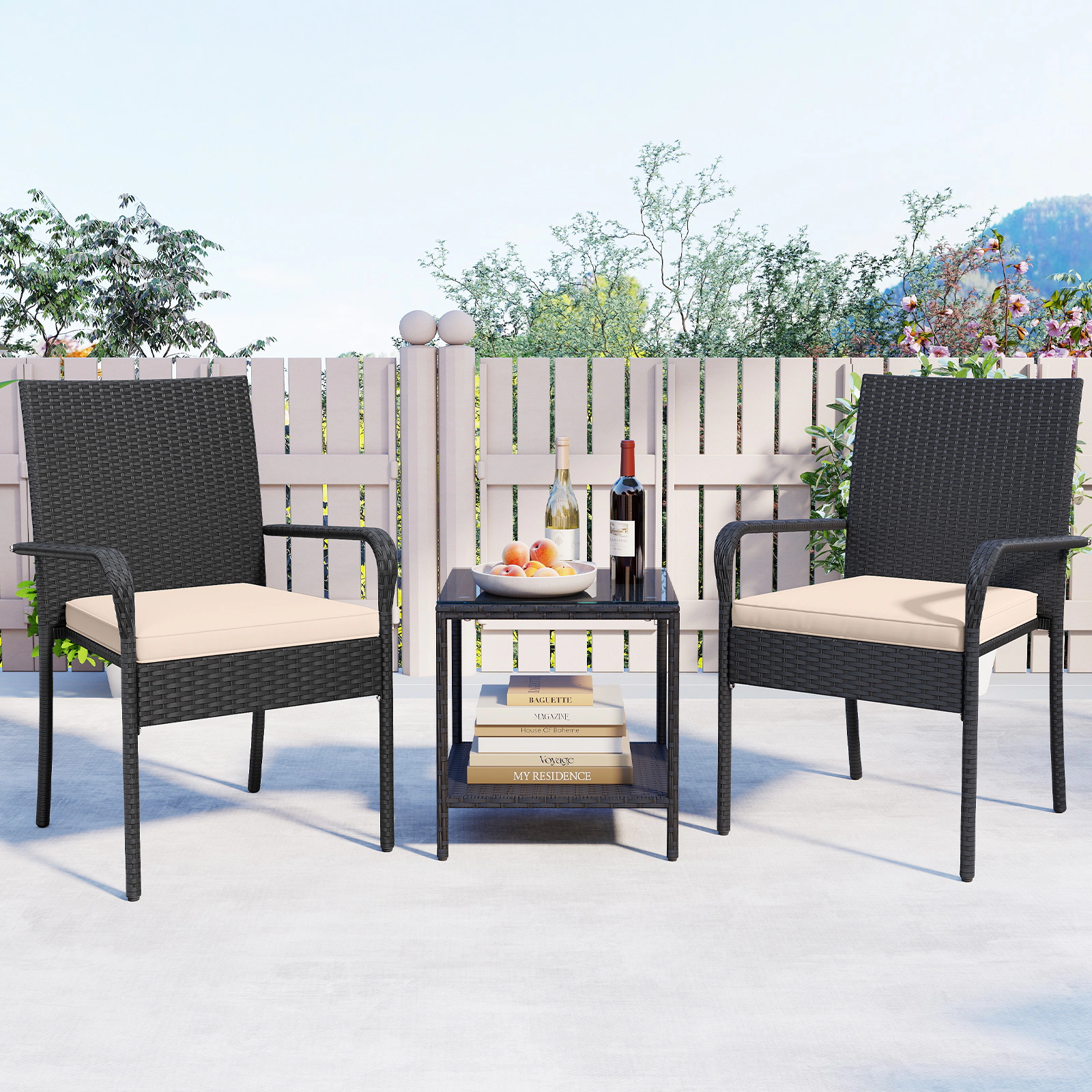 LJG 3 Piece Patio Furniture Set with Seat Cushions and Tempered Glass Tabletop