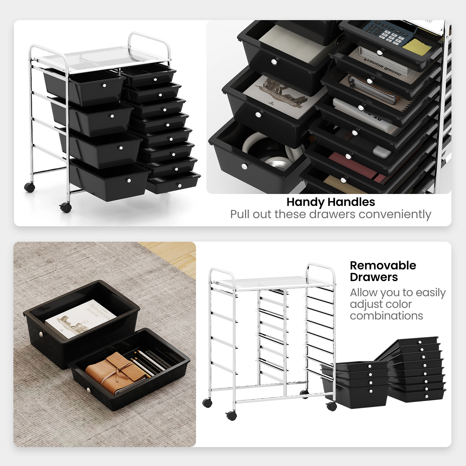 SUGIFT Black 12-Drawer Rolling Utility Cart with Punched Top Lockable Swivel Casters and Removable Drawers