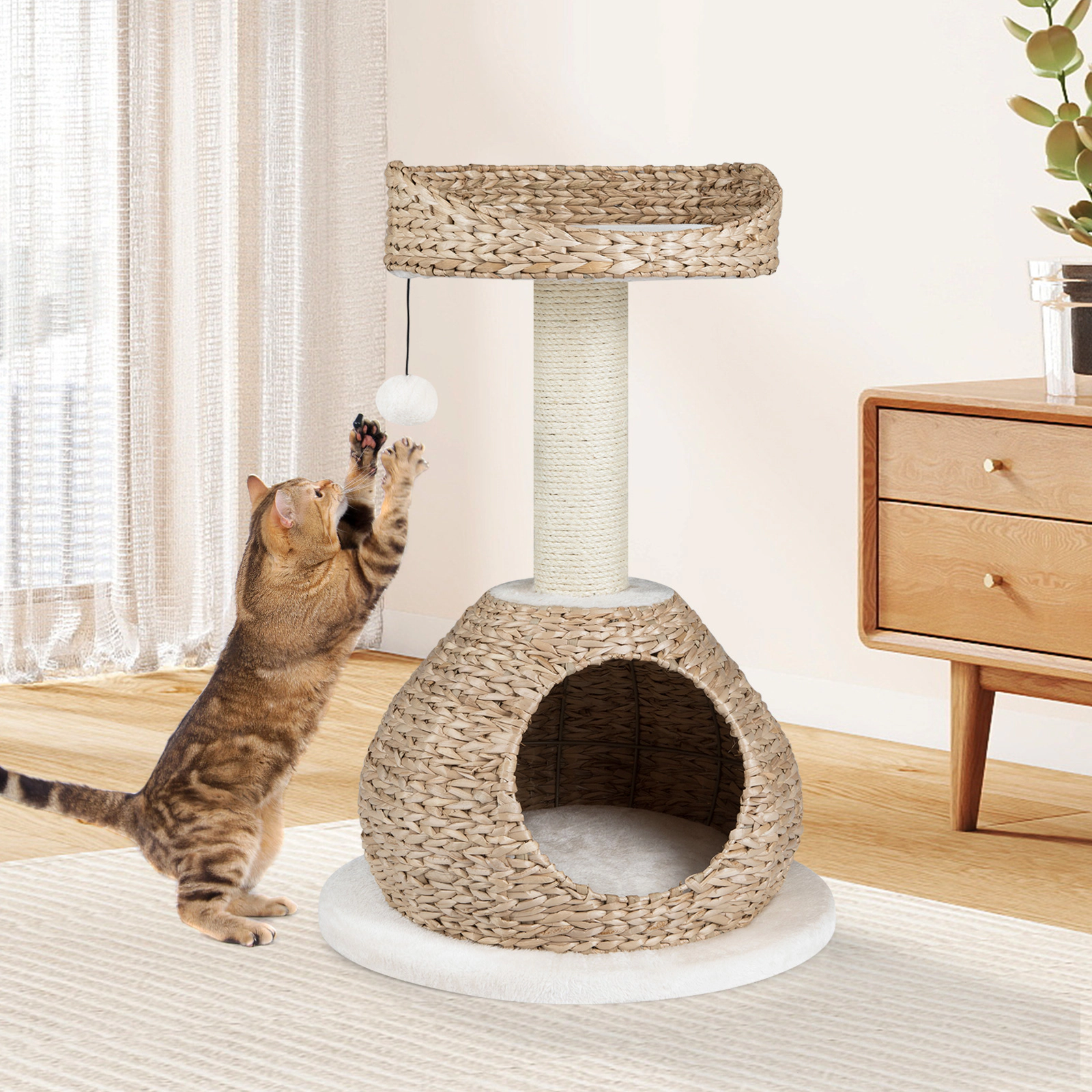 SUGIFT 28-in Dark Coffee Hand-Woven Cat Tree with Water Hyacinth House Sisal Post and 14-in Platform