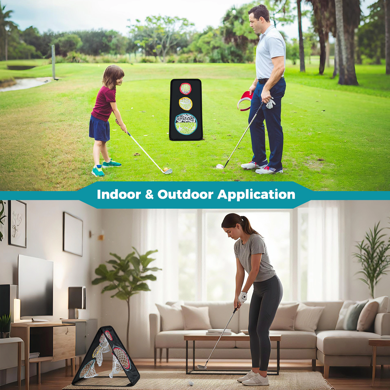 LJG Dual-Sided Golf Chipping Net Triple Target Training System with 5 Target Holes