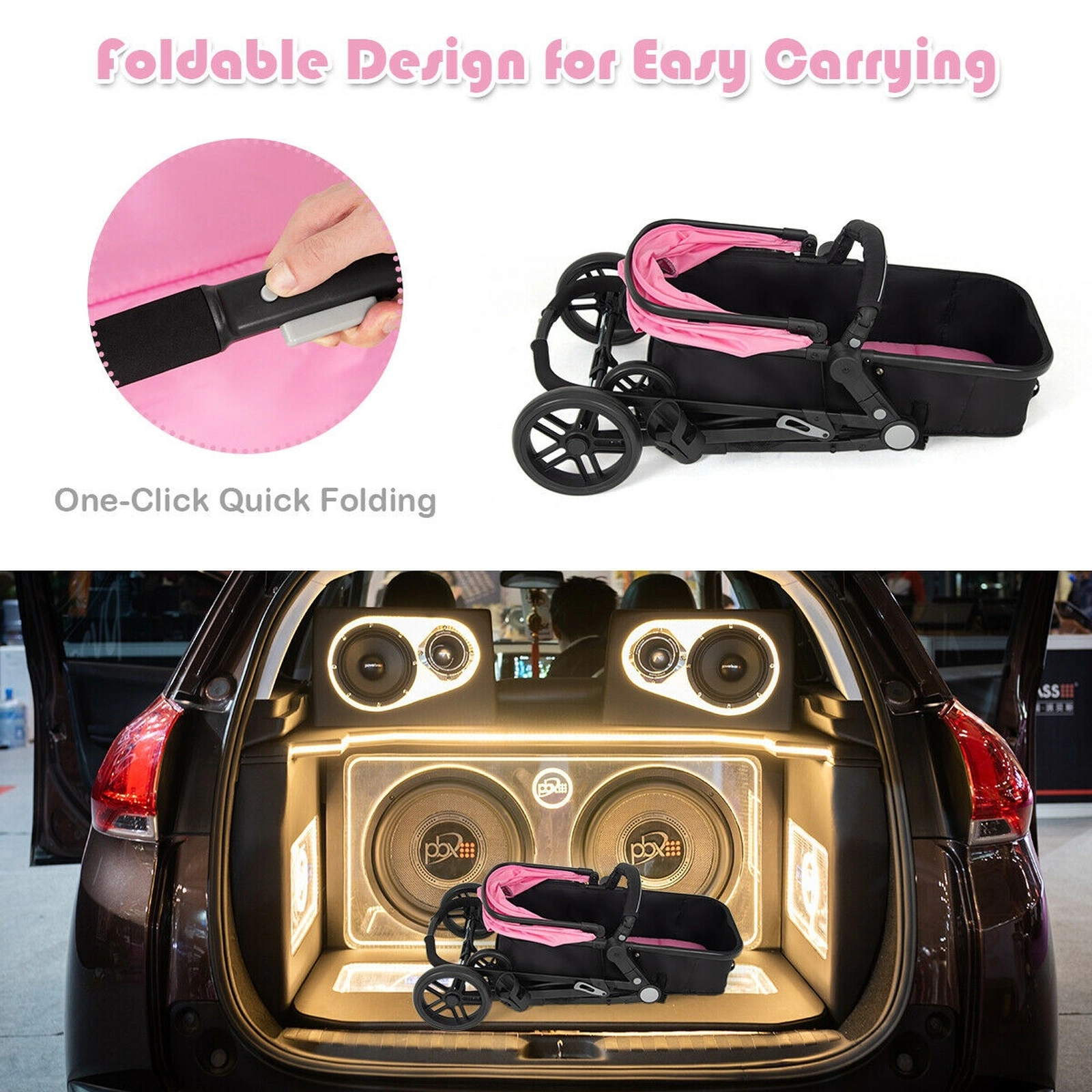 SUGIFT Pink 2-in-1 33-lb Capacity Foldable Baby Stroller Pushchair with Adjustable Handle and Basket
