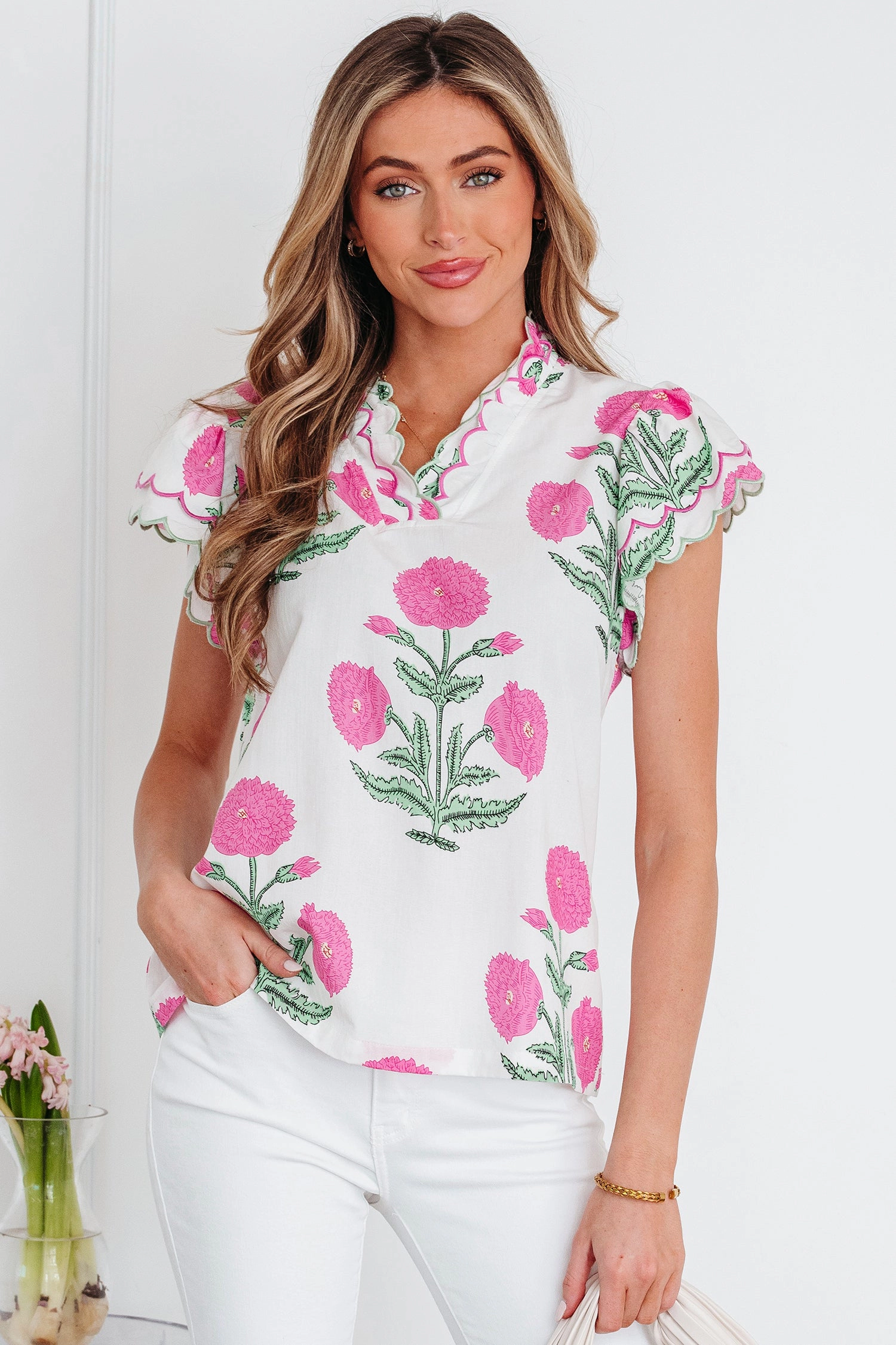 Threaded Pear Women's Mariah Detail Short Sleeve Blouse