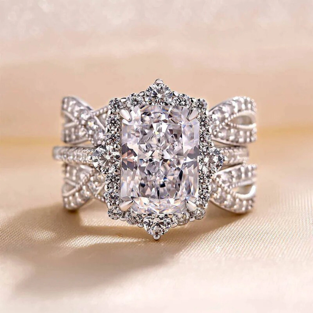 Wardrobe Whimsy Antique Halo Radiant Cut Cubic Zirconia Three Piece Bridal Ring Set