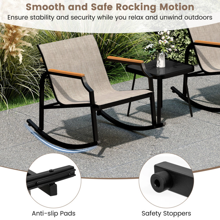 Hivvago 3 Piece Patio Rocking Bistro Set with Tempered Glass Coffee Table and Armrests for Porch