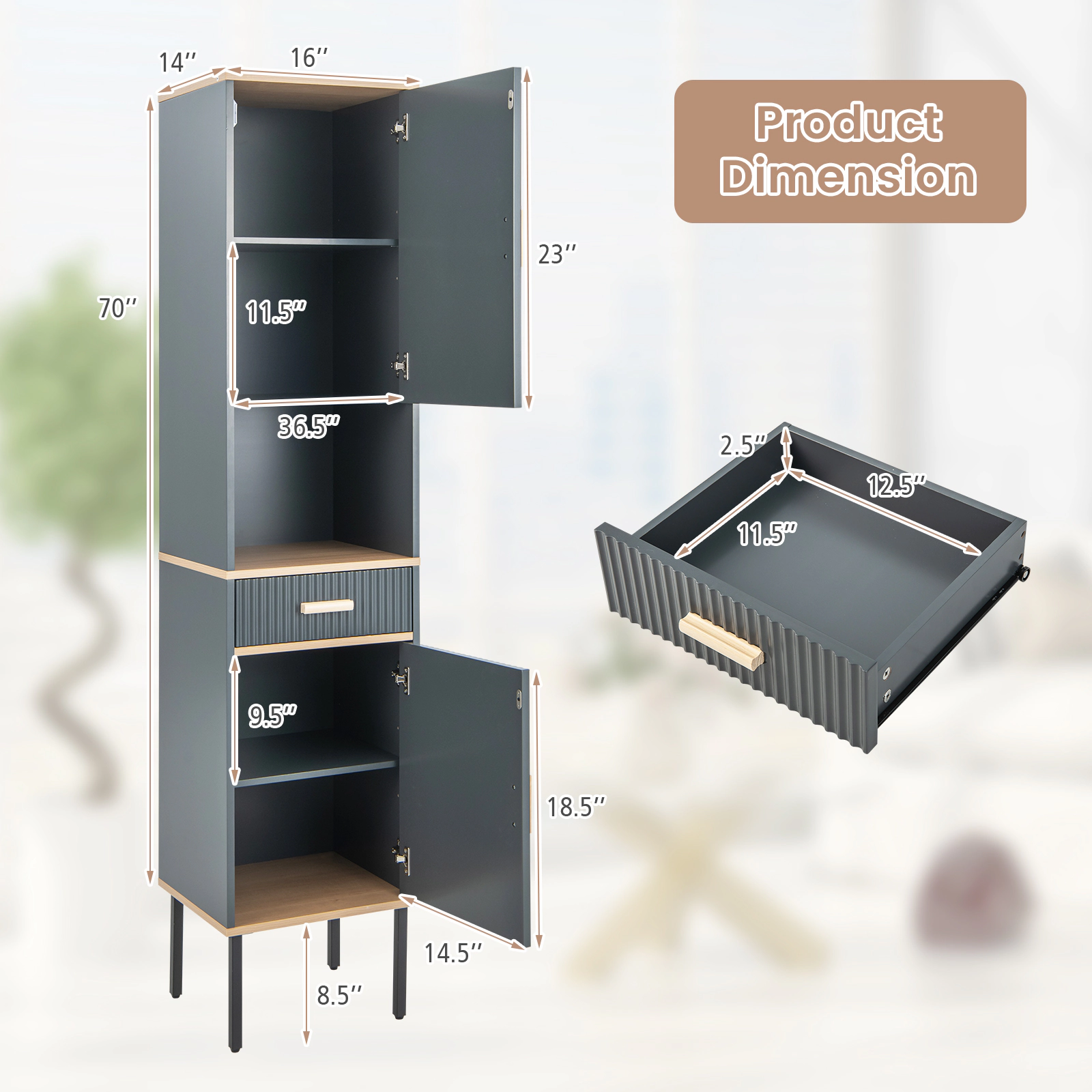 Slickblue Tall Slim Bathroom Storage Cabinet Gray MDF Metal Legs Drawer Adjustable Shelves