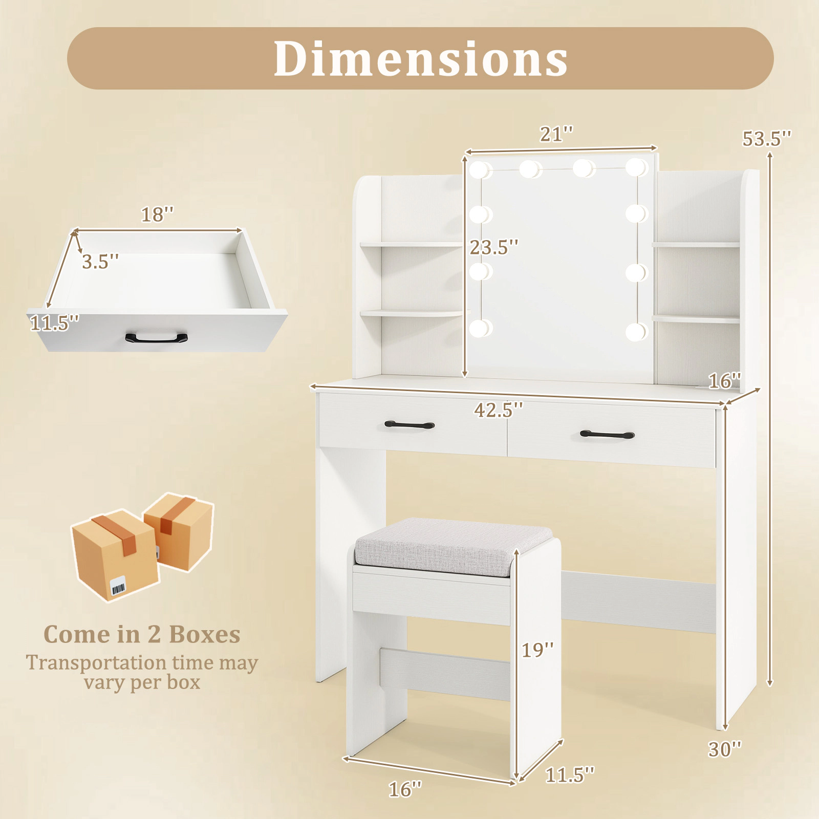 SUGIFT Lighted Mirror Vanity Set with Power Outlet and Stool 154-lb Tabletop Capacity White