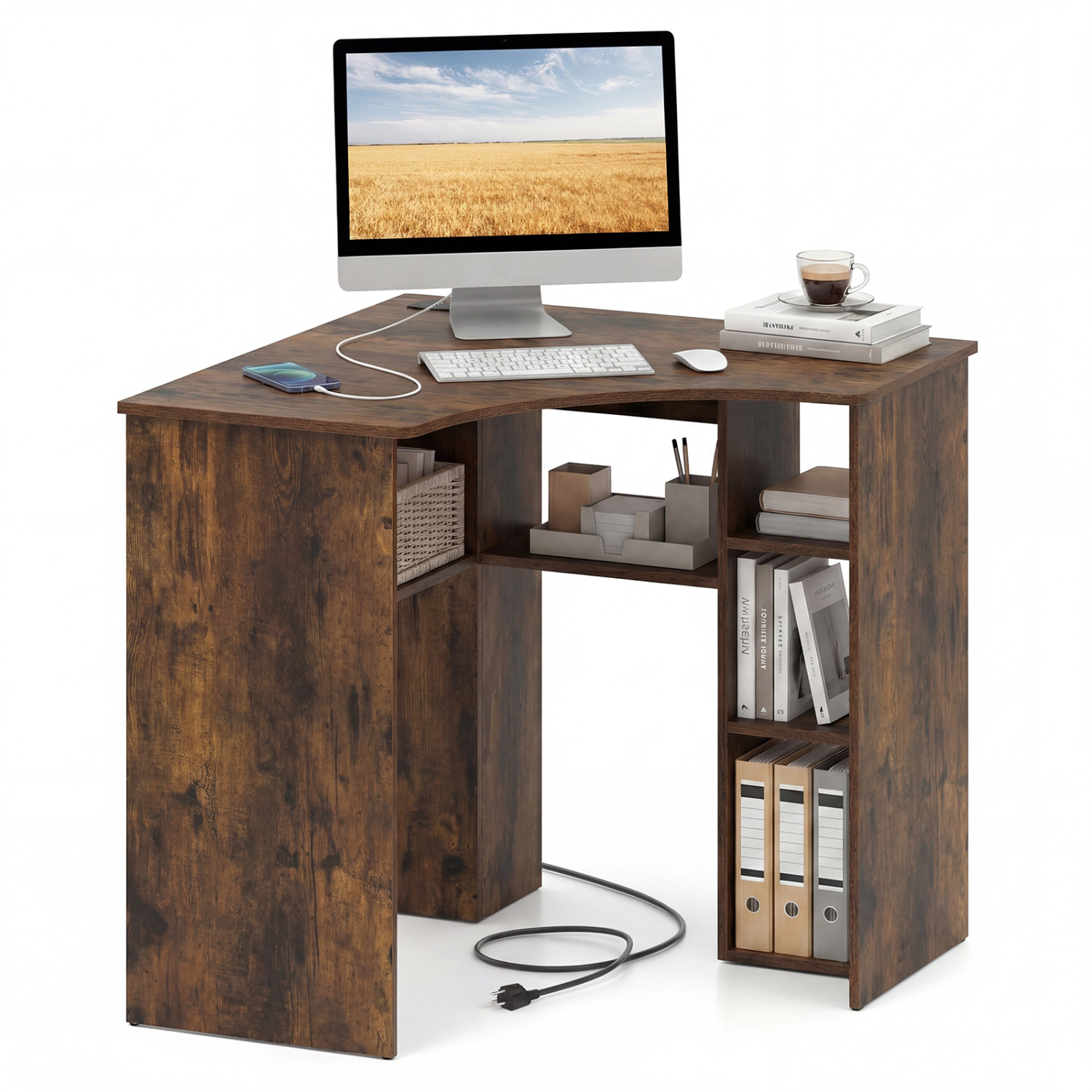 LJG Corner Computer Desk Triangle Home Office Desk with Adjustable Shelf and Arc-Shaped Profile