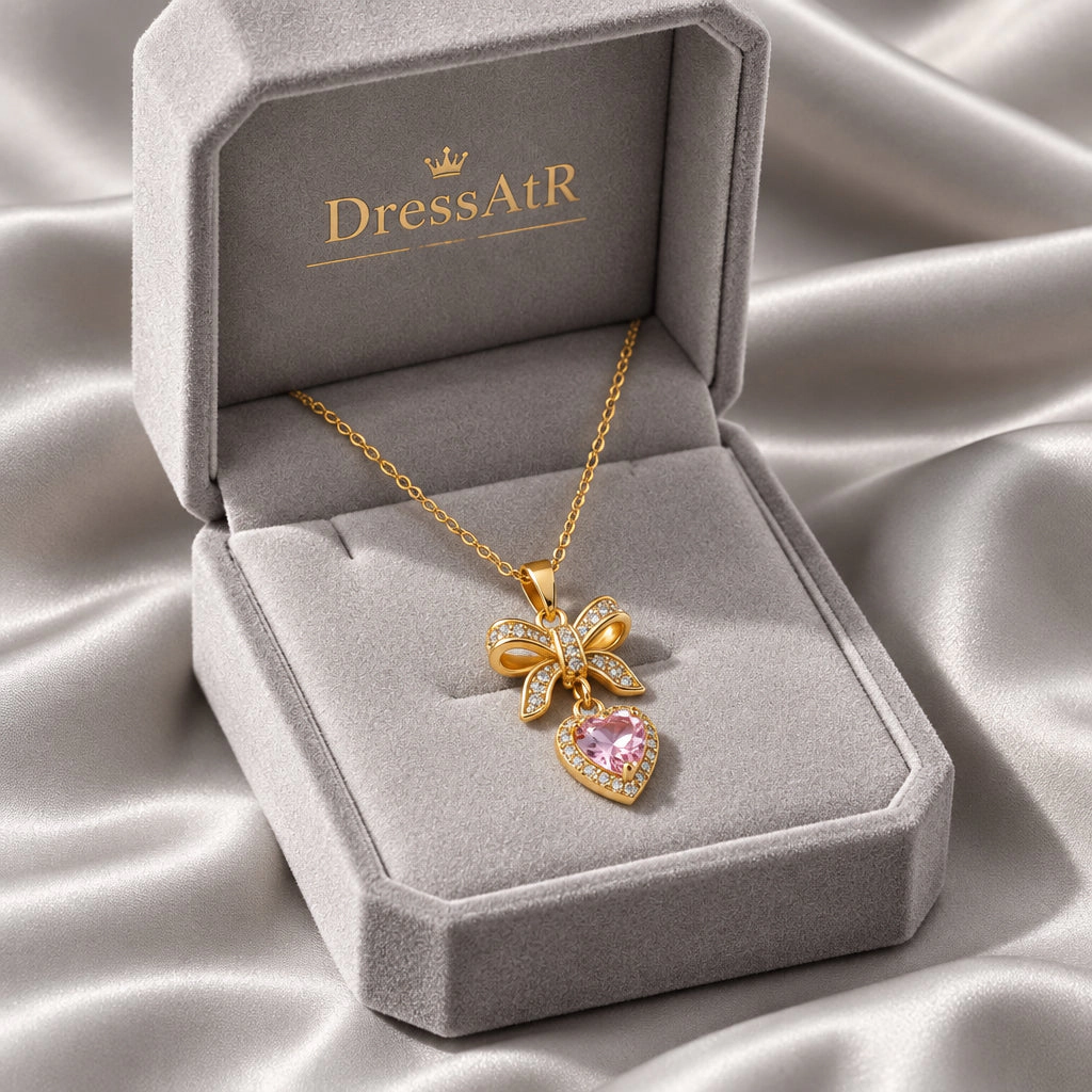 DressAtR Women's 18K Gold Plated Pink Heart Bow Necklace
