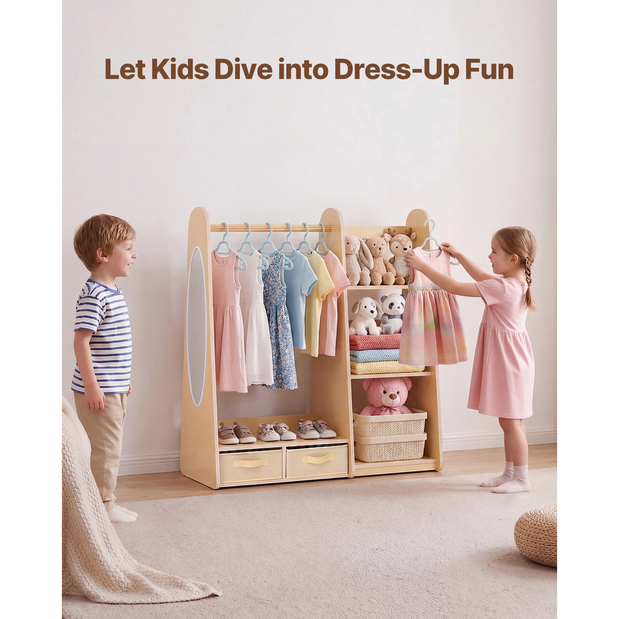 HONGGE Kids Dress Up Storage with Mirror Toddler Wardrobe Closet for Girls Armoire Costume Organizer Bedroom