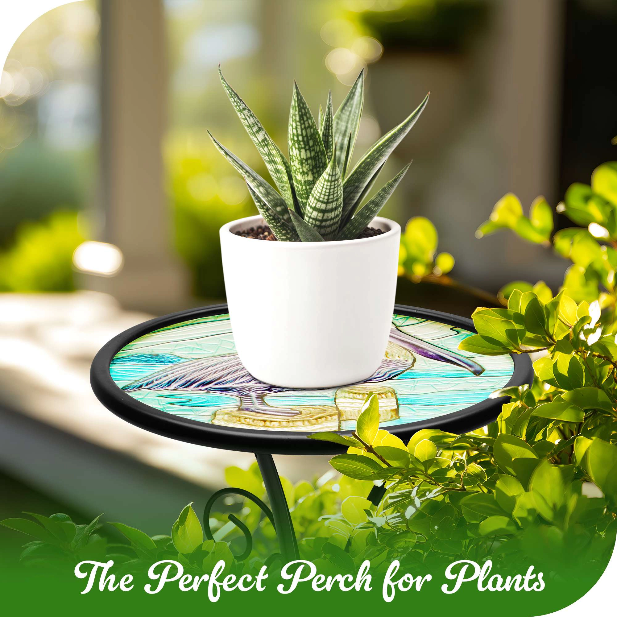 G128 12 in Round Glass Outdoor Side Table Pelican Pattern, Foldable Metal End Table for Garden Patio Porch Living Room