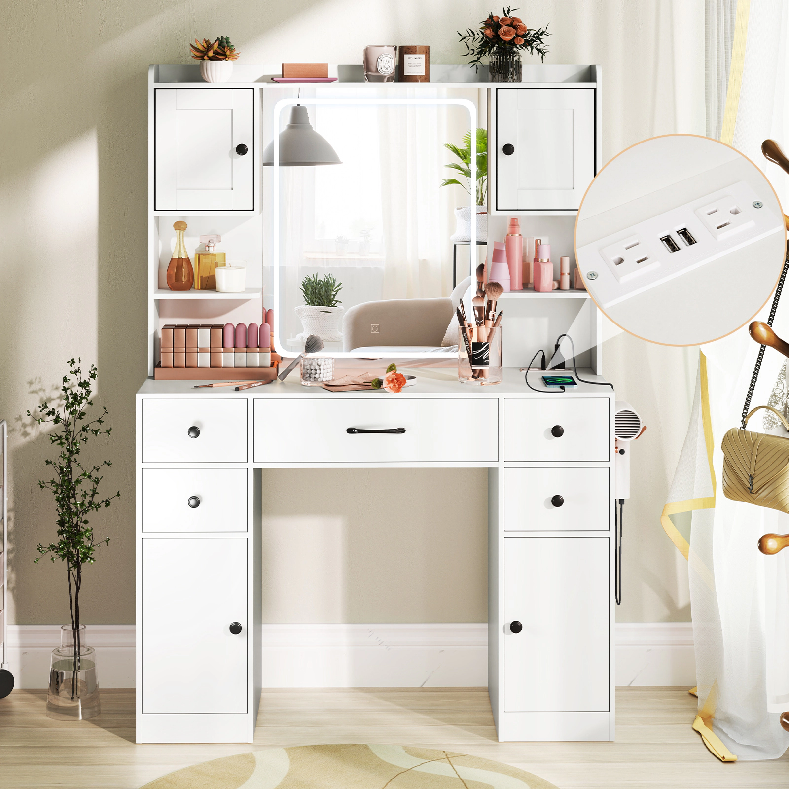 LJG Makeup Vanity Desk with Lighted Mirror and Charging Station