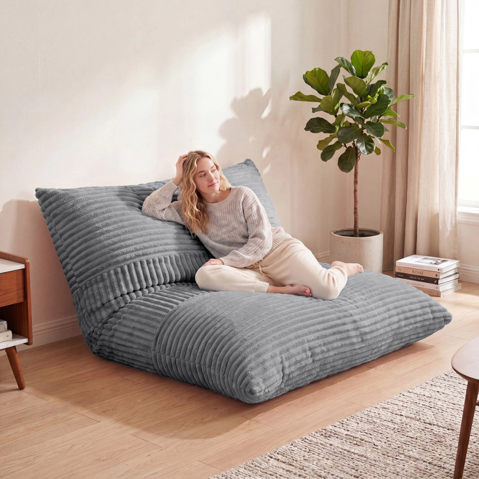 SUGIFT 3-in-1 Convertible Wide Wale Corduroy Large Bean Bag Chair 73-in x 53-in 36-lb Net Weight Light Gray