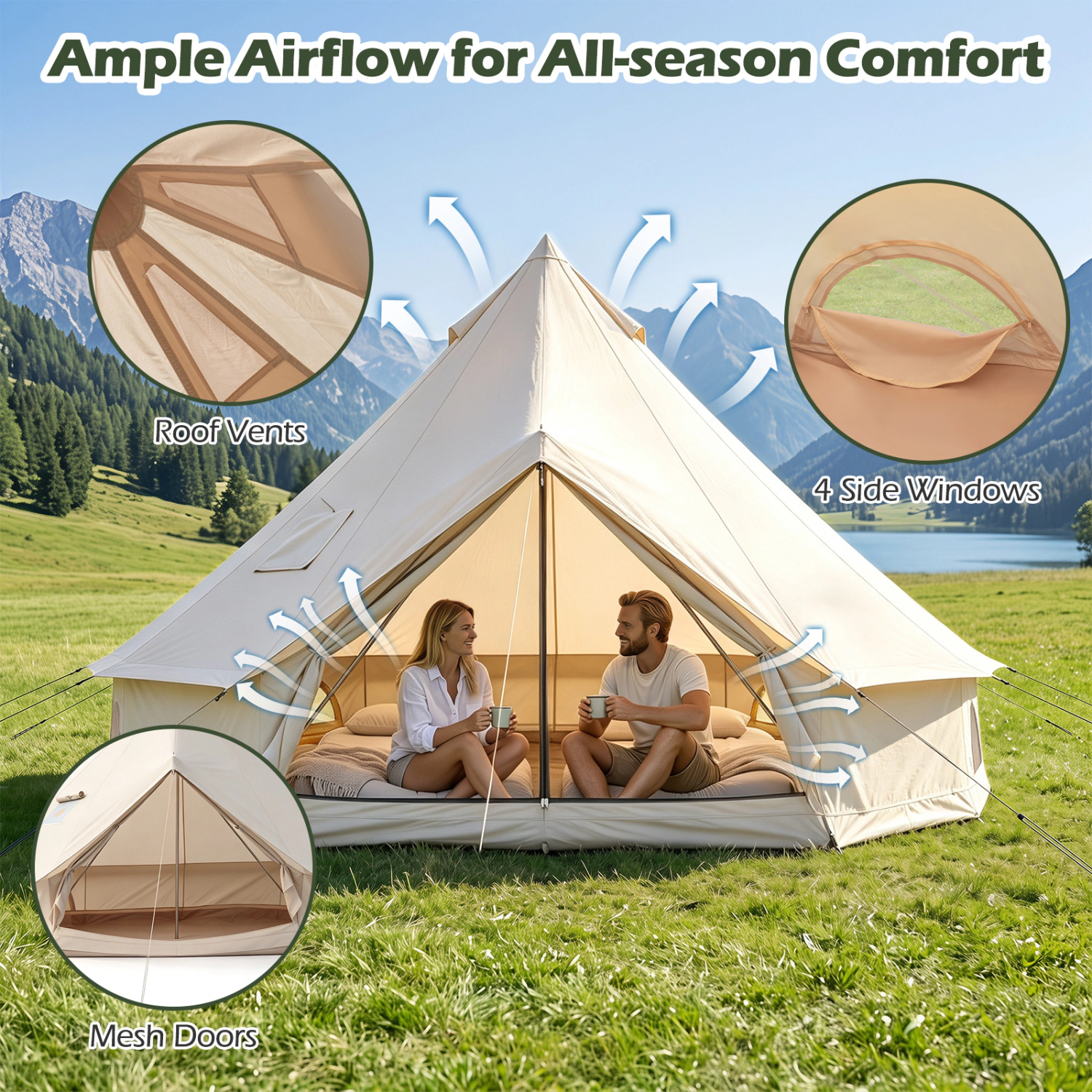 LJG Waterproof Bell Tent with Stove Jack Accommodates and Mesh Windows Doors
