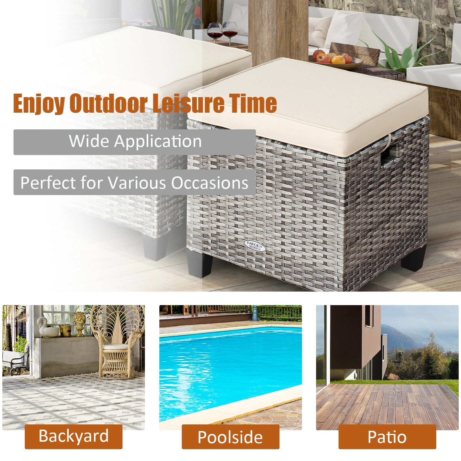 SUGIFT 2-Piece Beige PE Rattan Outdoor Patio Ottoman Set with Removable Cushions