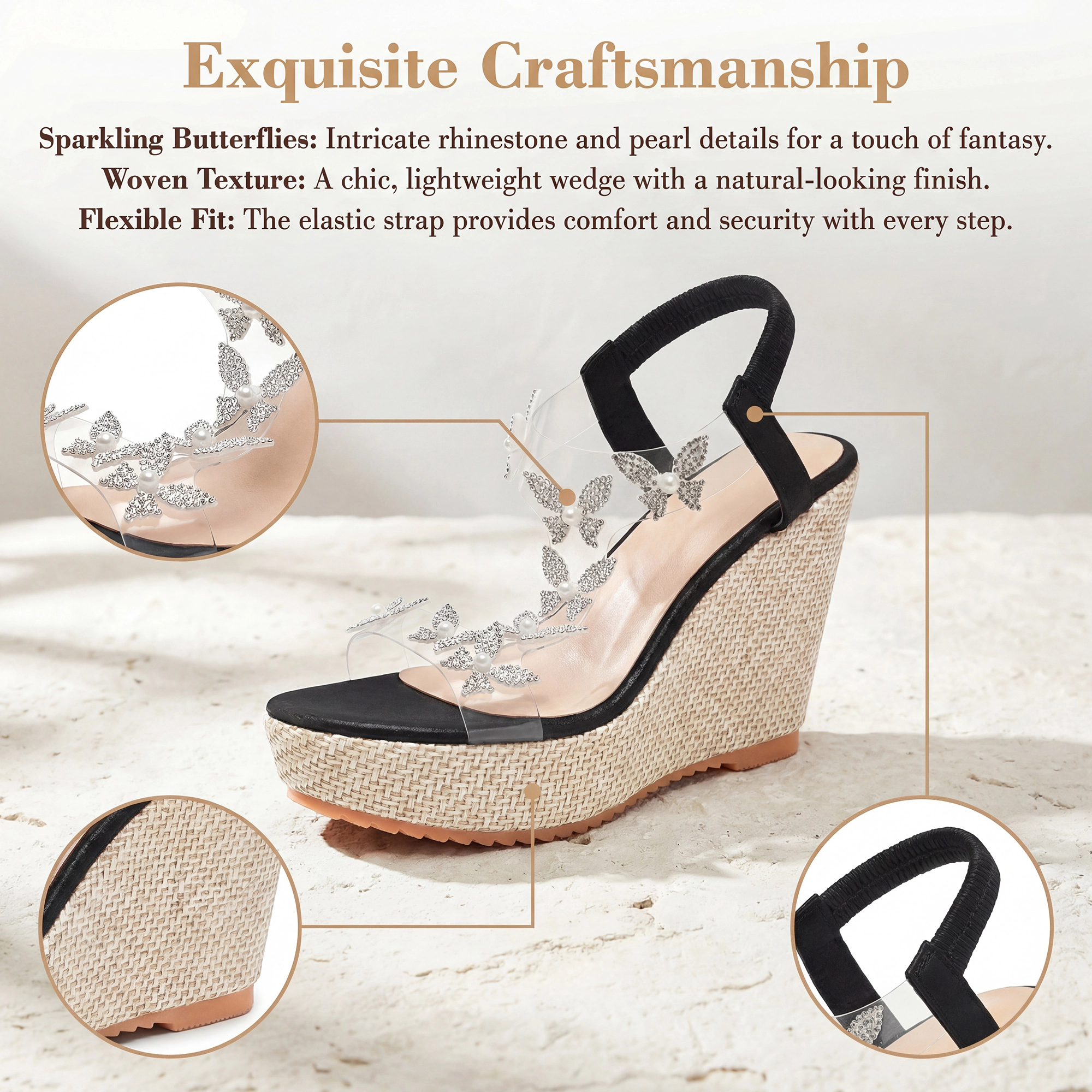 BLISSFUL STEP Women's Rhinestone Butterfly Transparent Band Platform Sandals