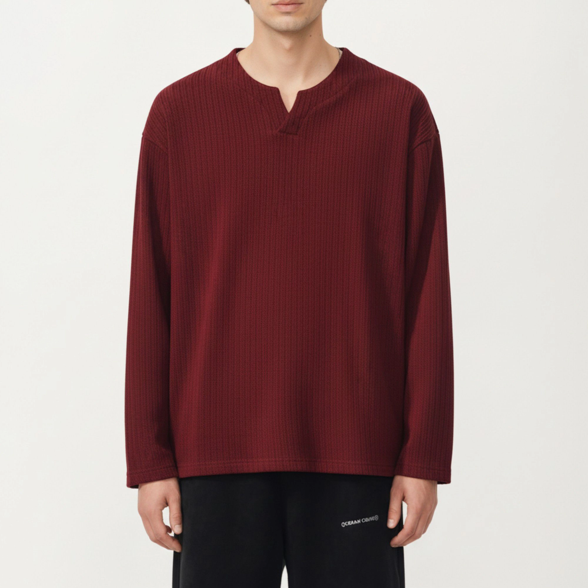 Anna-Kaci Men's Ribbed Long Sleeve Split Neck Top with Relaxed Fit