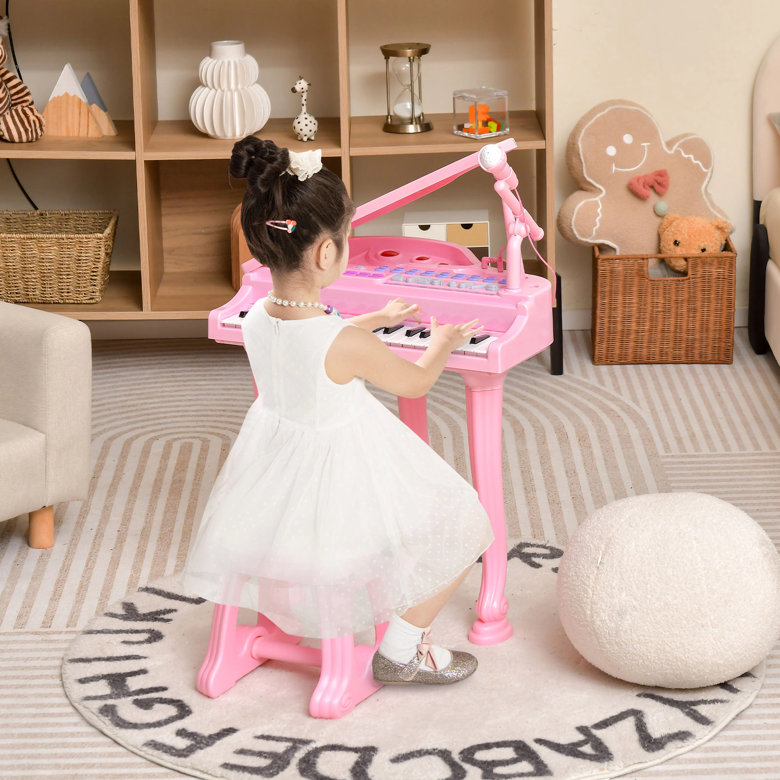 SUGIFT 31-Key Kids Piano Keyboard with Microphone, Stool and Piano Lid 110-lb Capacity Ages 3+ Pink