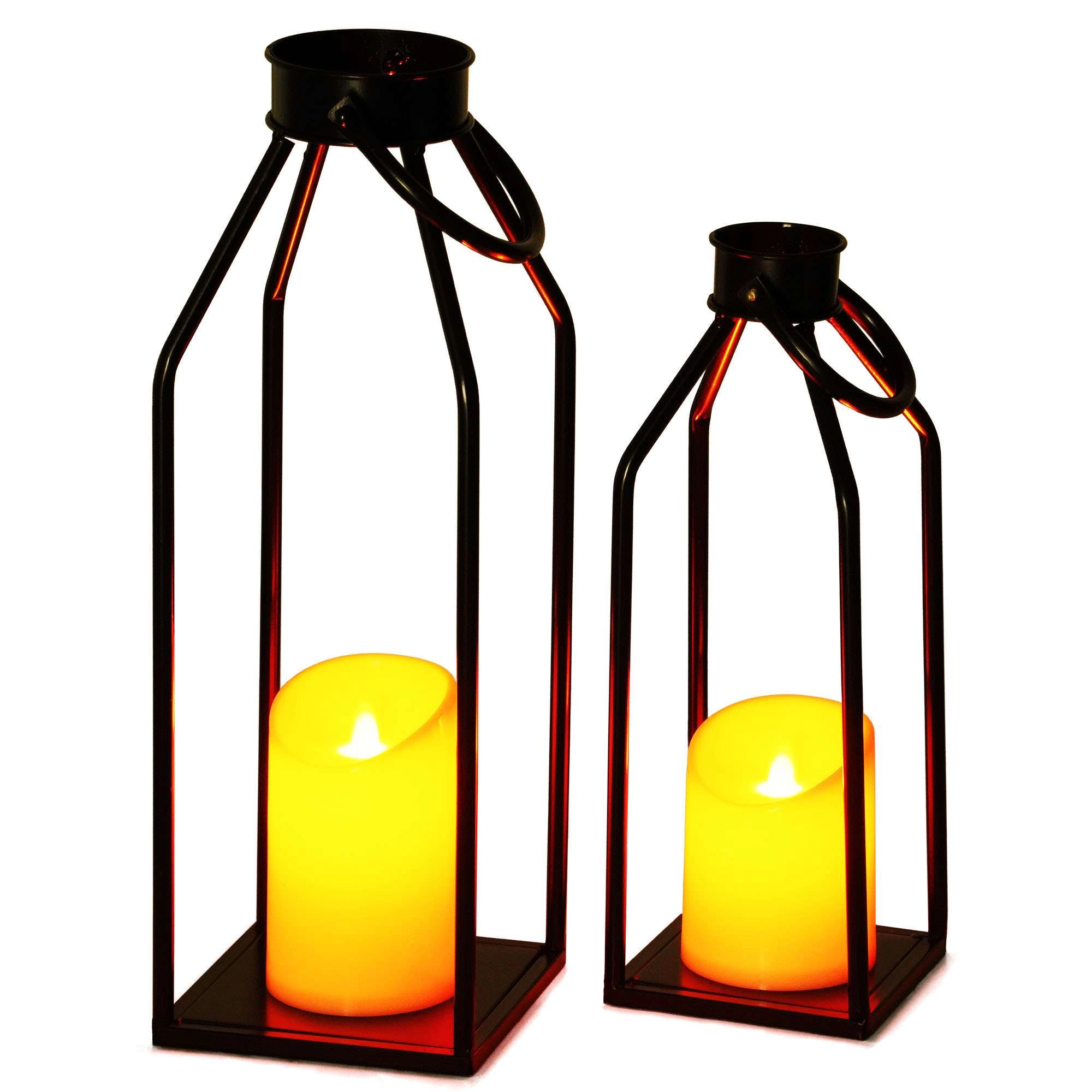 G128 2-Pack Black Metal Flameless Lanterns with Built-In LED Candles, 15in Modern Farmhouse Decor