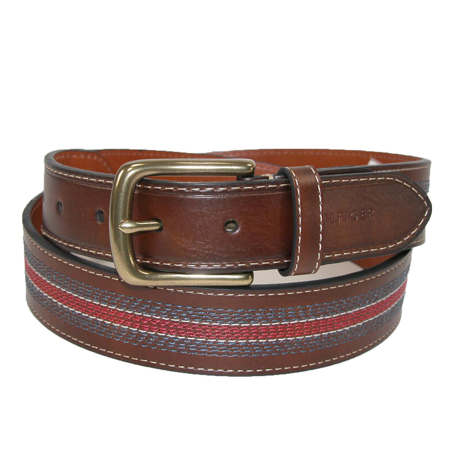 Tommy Hilfiger Men's Leather Contrast Stitch Stripe Inlay Belt