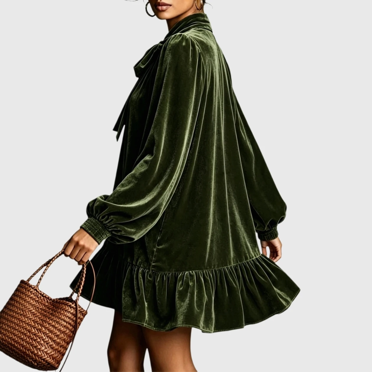YesFashion Womens Velvet Mini Dress Tie Neck Lantern Sleeve Ruffle Hem Party Wedding Guest