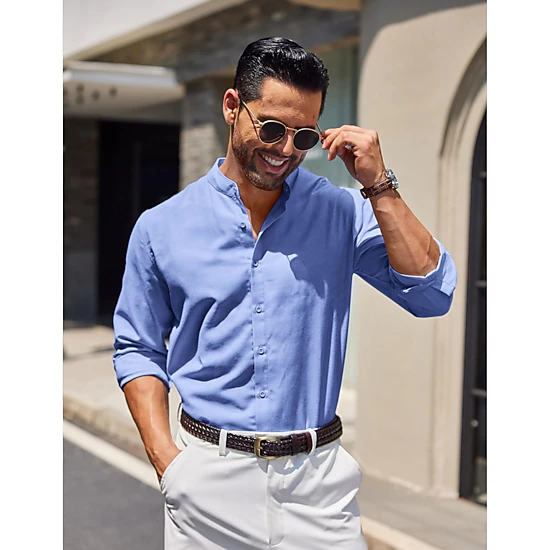 COOFANDY Mens Casual Long Sleeve Shirts Henley Band Collar Button Down Curved Hem