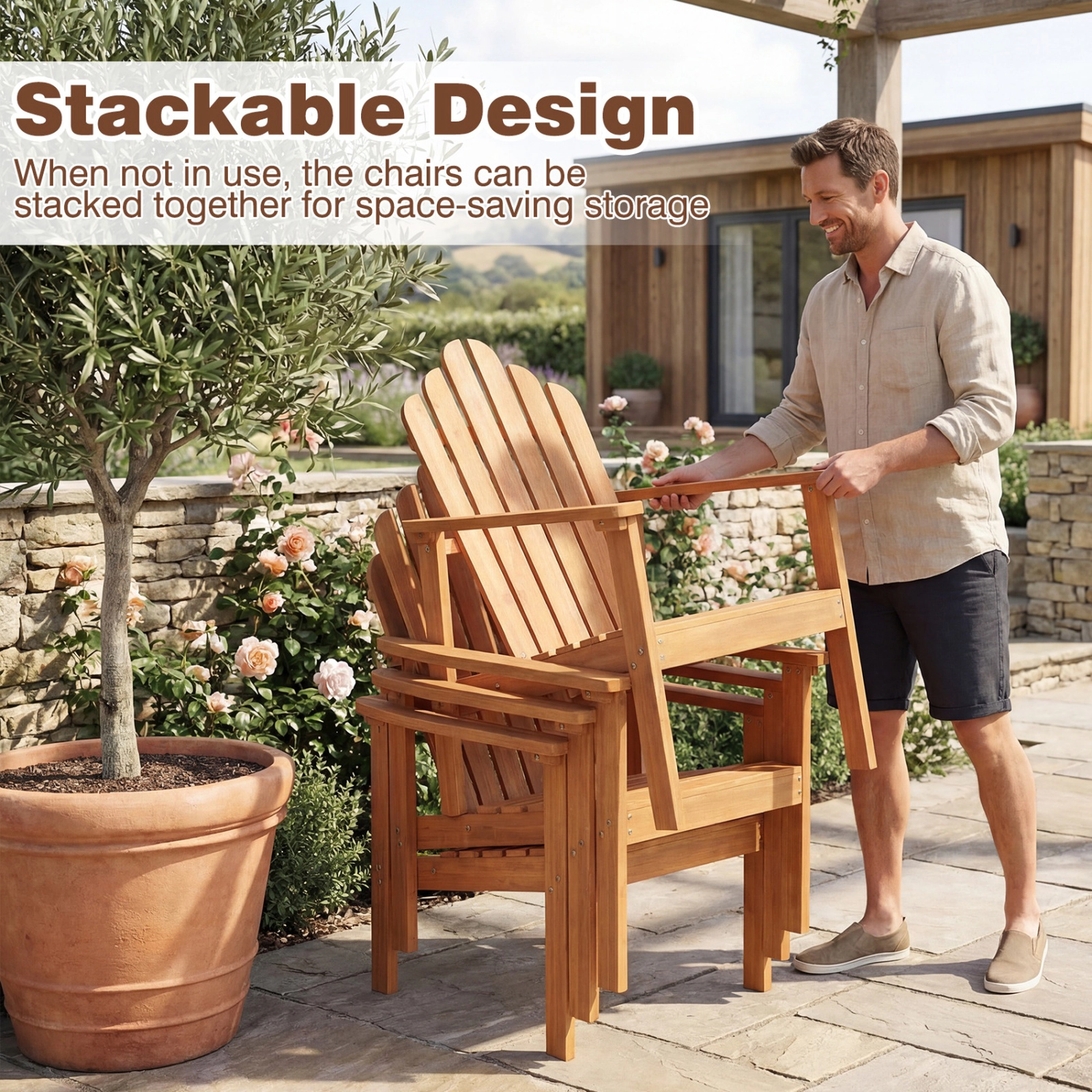 SUGIFT Stackable Acacia Wood Adirondack Conversation Set with 2 Chairs and Side Table 400-lb Capacity Natural