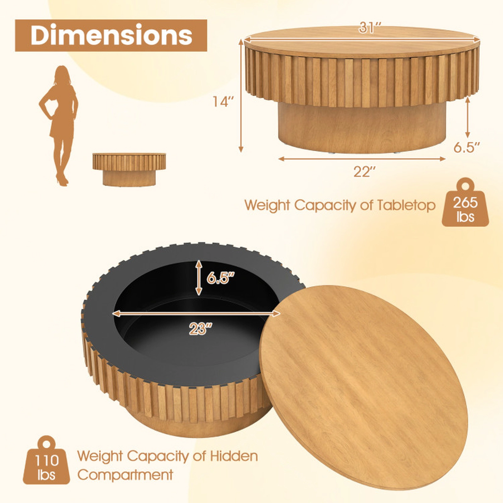 SUGIFT 31-in Round 265-lb Capacity Natural Wooden Drum Coffee Table with Hidden Storage Compartment