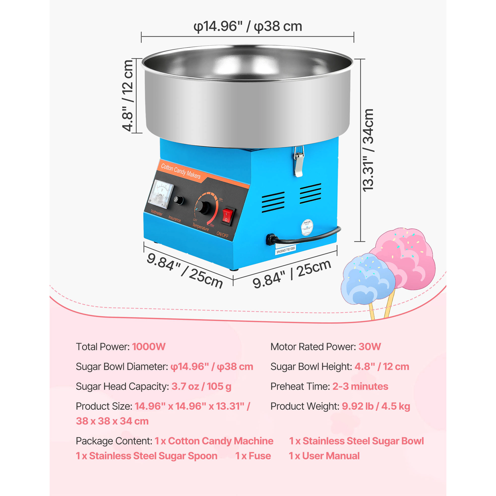 HONGGE Cotton Candy Machine Commercial 1000W Electric Floss Maker Easy Use with 15 inch Stainless Steel Bowl and