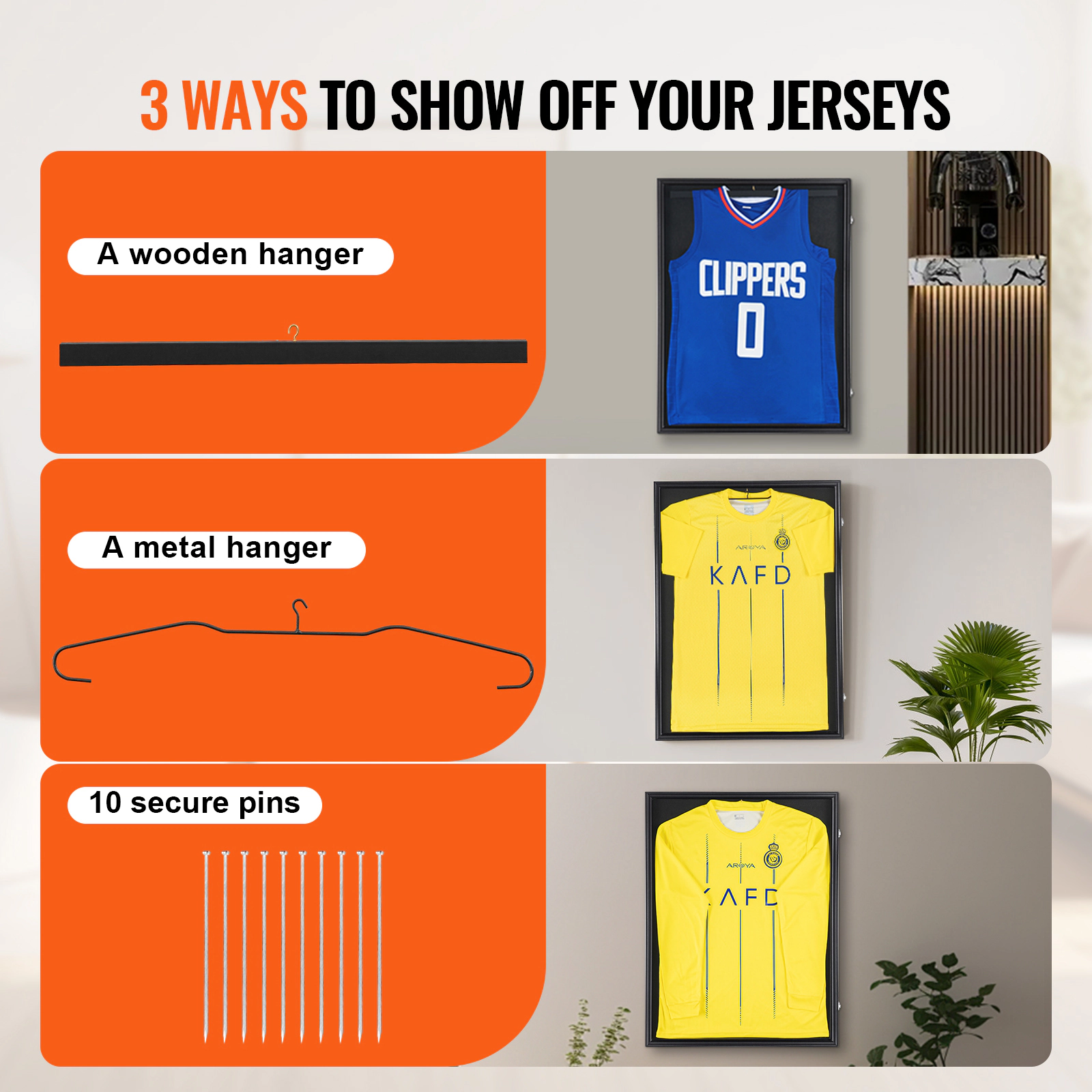 HONGGE Jersey Display Frame Case Large Lockable Sport Jersey Shadow Box with 98% UV Protection PC Glass and Hangers for