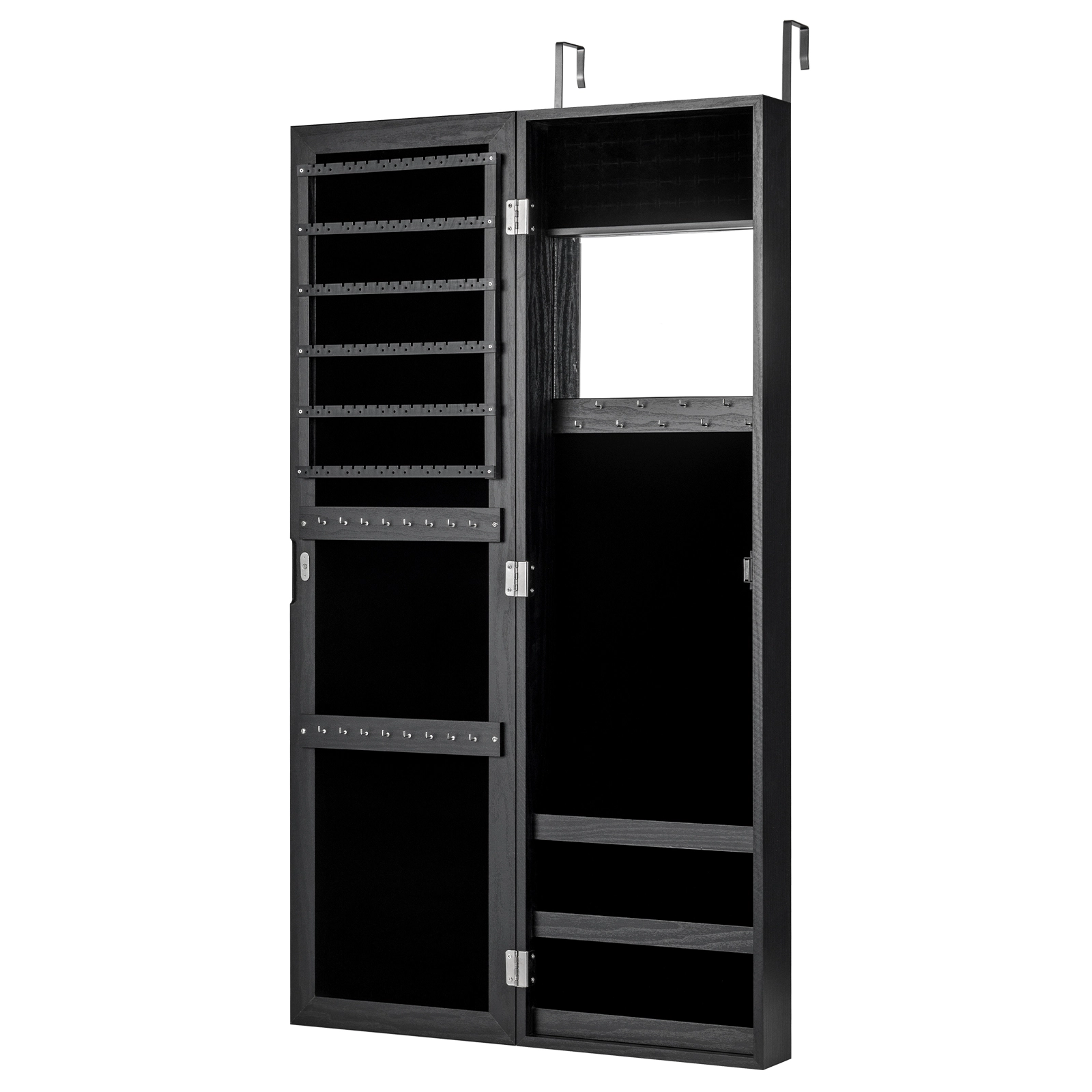 SUGIFT Black Wall Mounted Jewelry Cabinet with Full-Length Mirror Over the Door Organizer and Ring Slots