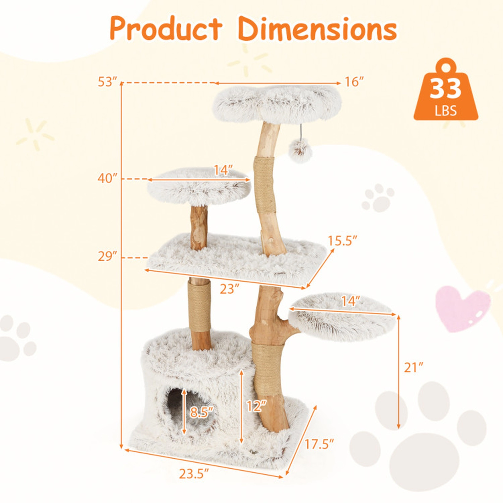 SUGIFT 53-in Modern Natural Branch Cat Tree with Flower-Shaped Top Perch Jute Posts and Vented Condo