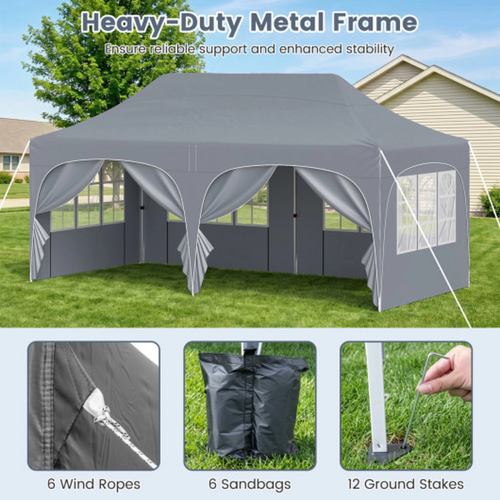 SUGIFT 10 x 20-ft Pop Up Patio Canopy Tent with 6 Removable Sidewalls and Church Windows 10.4-ft H Gray