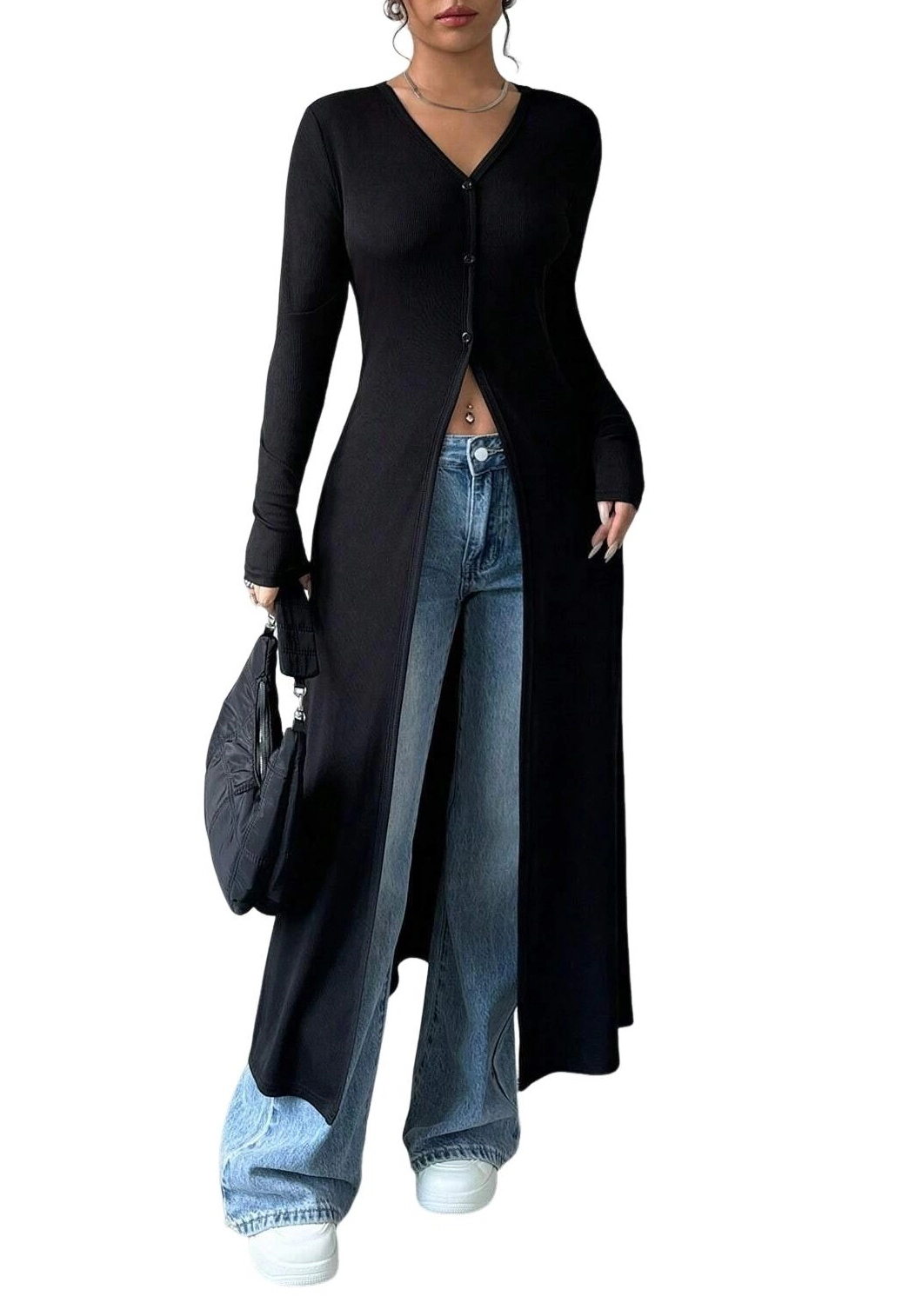 KOJOOIN Women Maxi Duster Cardigan V‑Neck Ribbed Knit Button Front Fitted Long Streetwear Outerwear