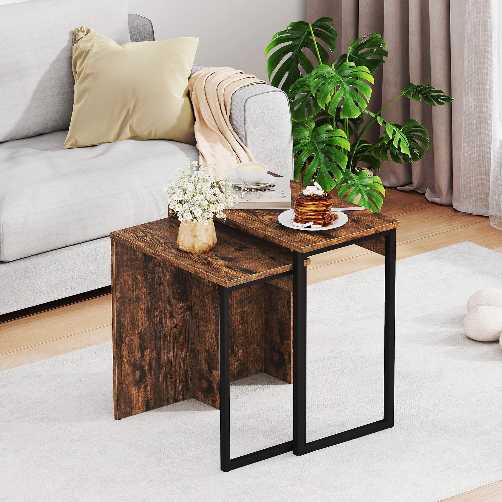 Glintex 2-Piece Nesting Side Table Set with Metal Frames and Wood-Grain Tops, Rustic Brown