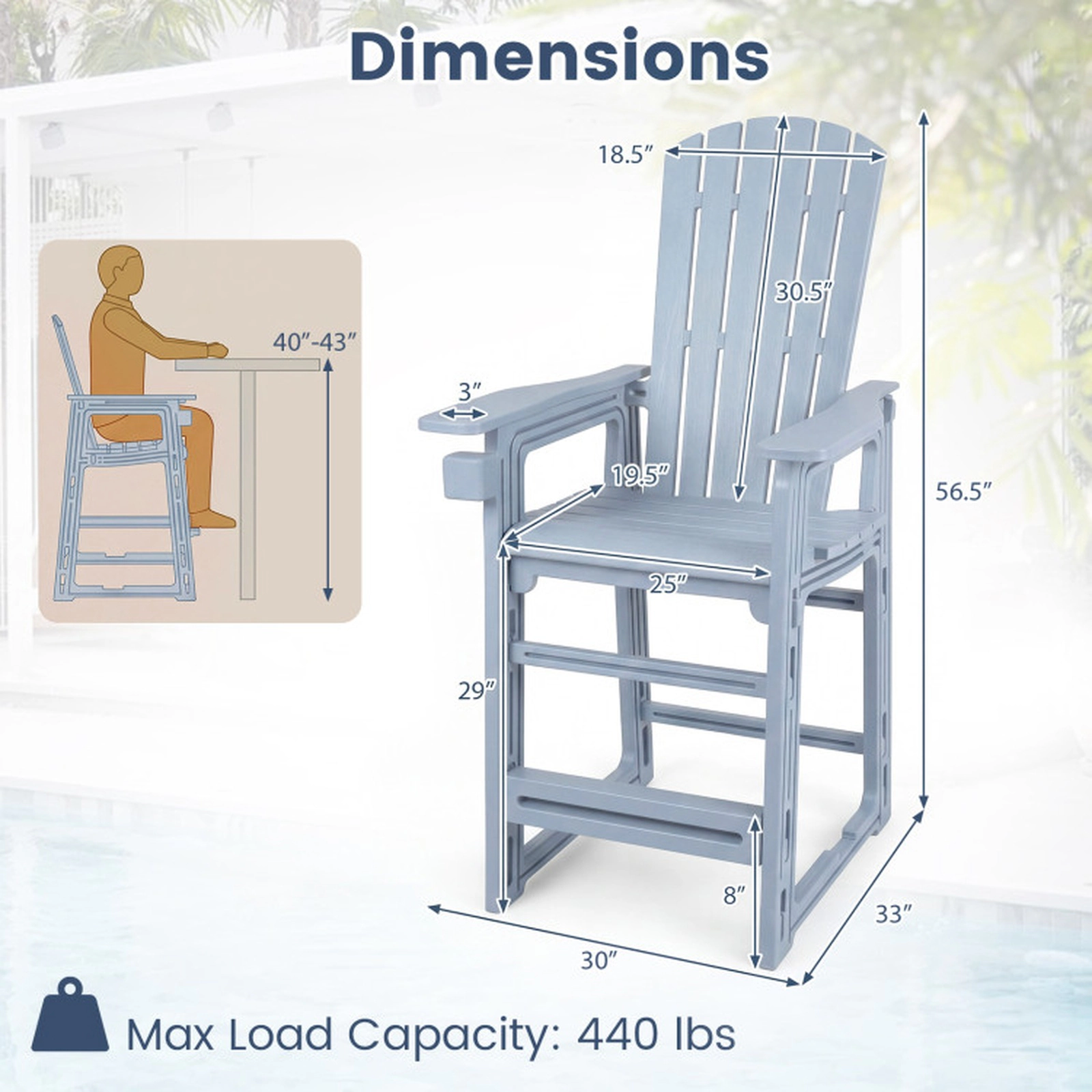 SUGIFT Gray HDPE Adirondack Bar Stool, 29-Inch Seat, Cup Holder, 440-Lb Capacity