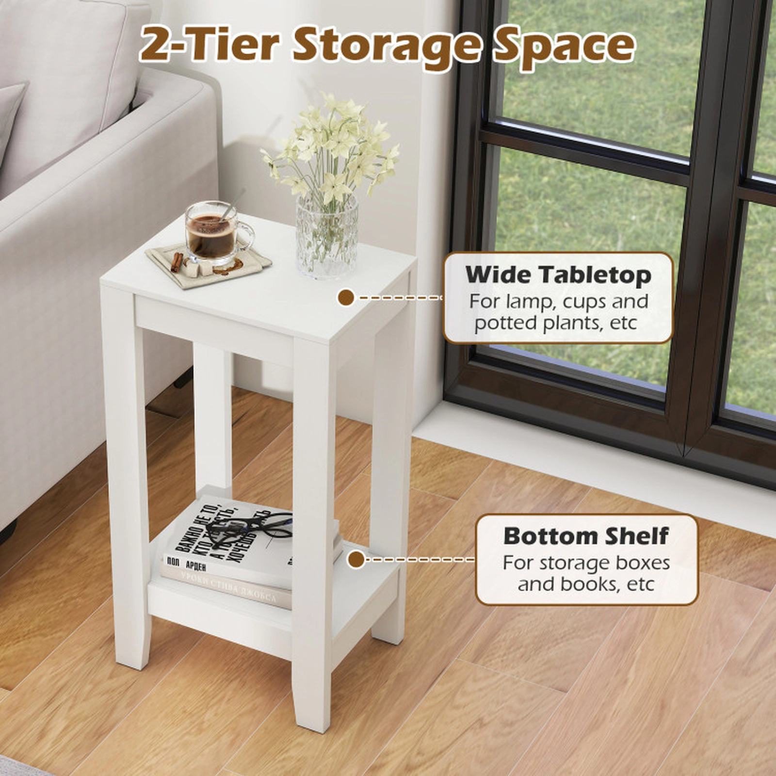 SUGIFT White 29-Inch Tall 2-Tier Nightstand with Storage Shelf and Wooden Legs