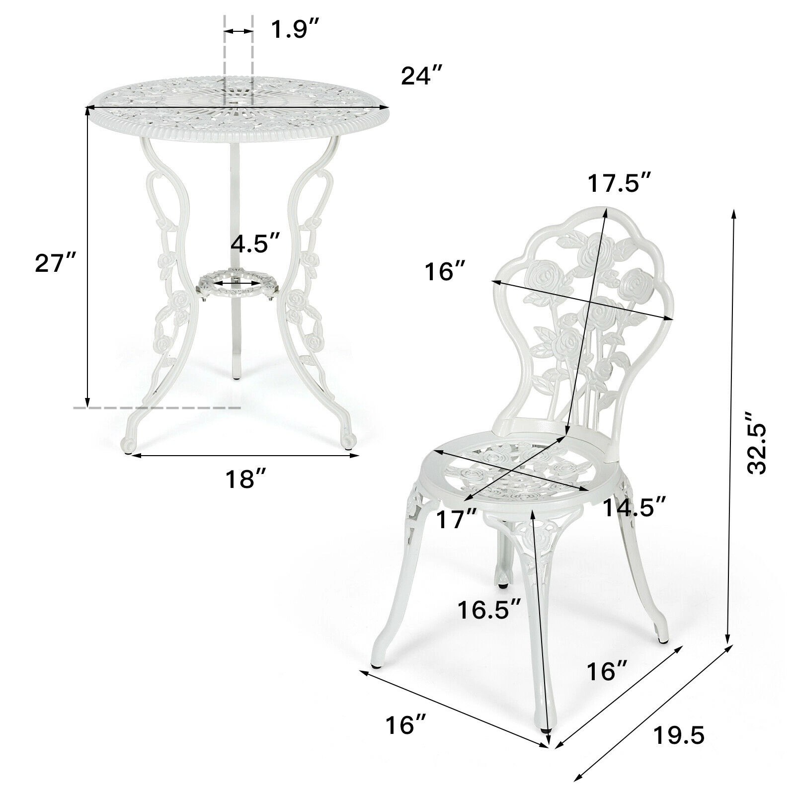 SUGIFT 3-Piece White Cast Aluminum Patio Bistro Set with Rose Design, Round Table and 2 Chairs