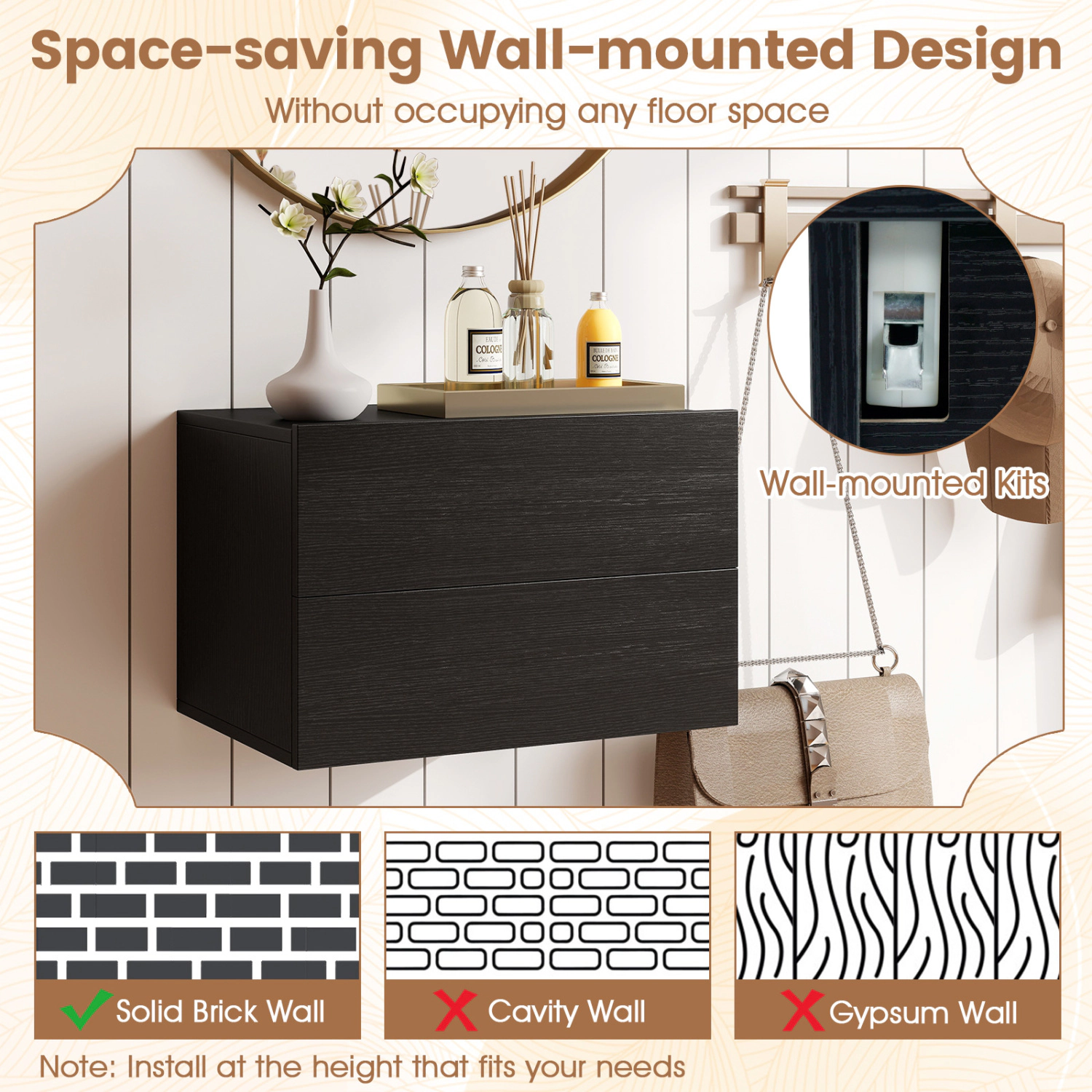 Glintex Floating Wall-Mounted Nightstand with 2 Drawers and Wall Kits