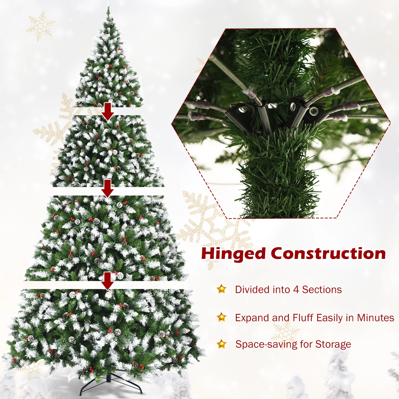 Glintex 9-Ft Pre-Lit Flocked Christmas Tree with 900 LEDs and 4 Sections, Green