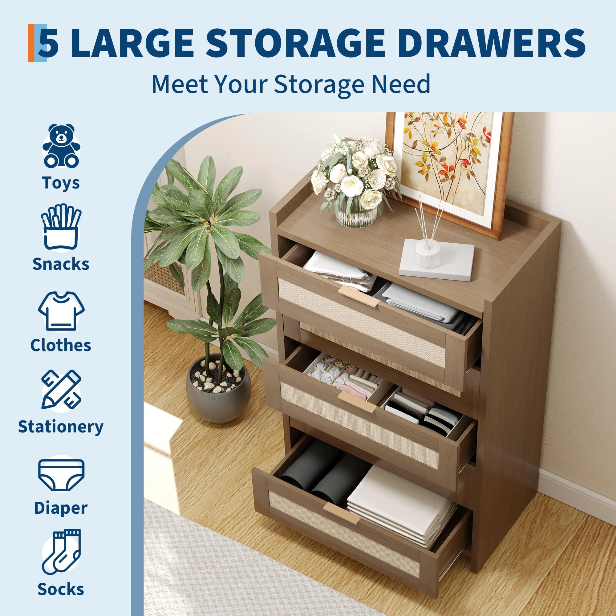 Rattan 5 Drawer Dresser, 46" Tall Wooden Chest with Metal Handles for Bedroom, Living Room