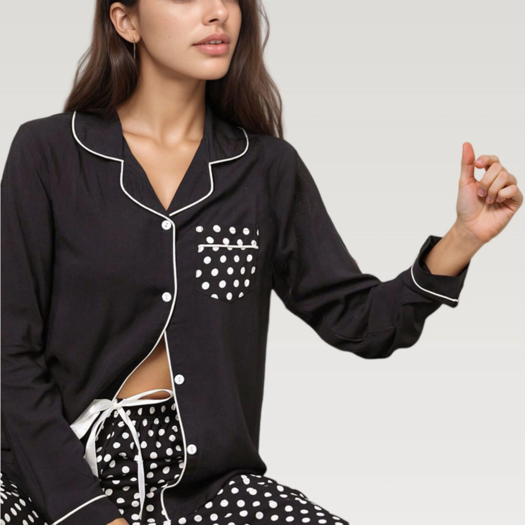 Anna-Kaci Women's Polka Dot Pajama Set with Long Sleeve Button Top and Elastic Waist Pants