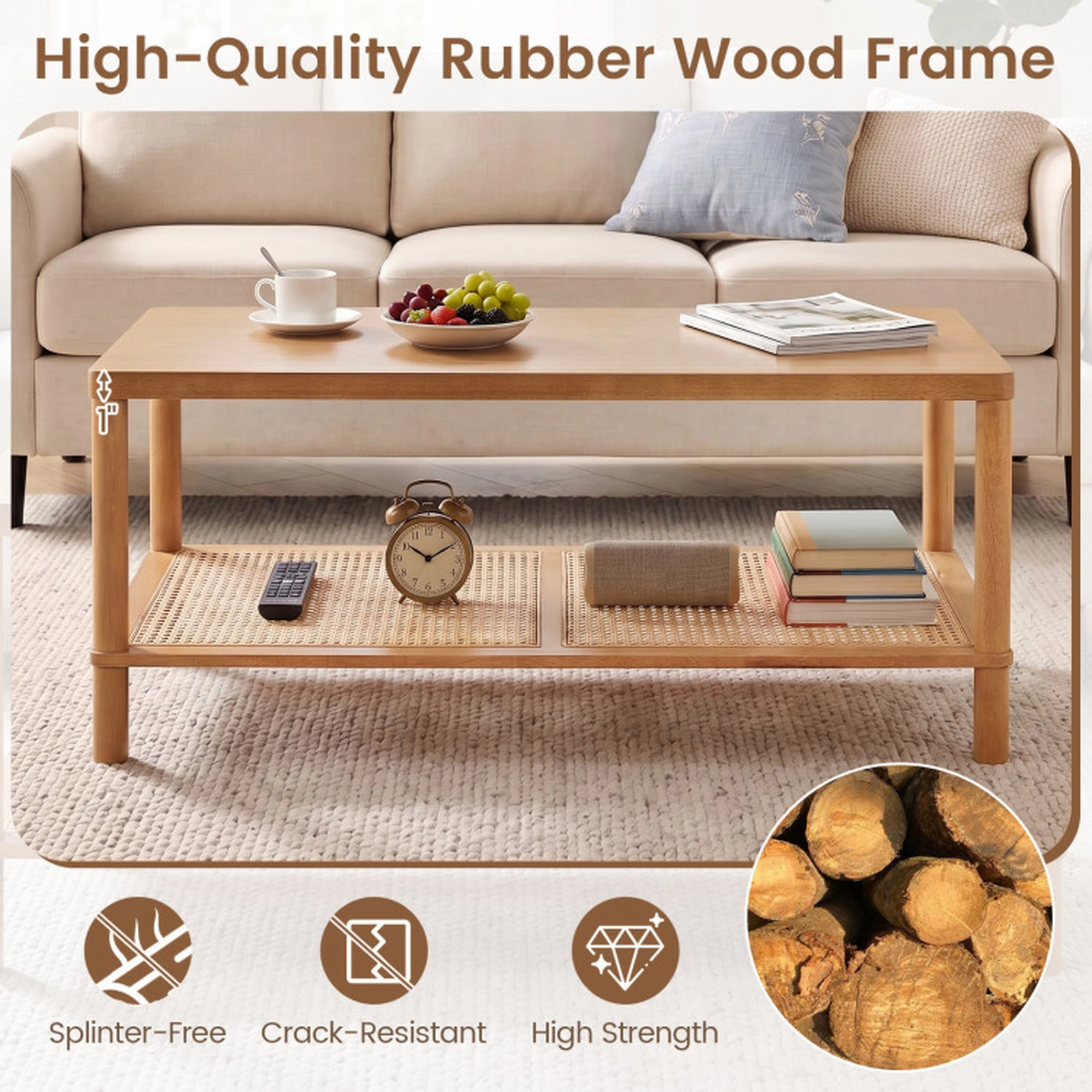 SUGIFT 39-in 185-lb Capacity 2-Tier Rustic Boho Rectangular Coffee Table with Woven PVC Rattan Shelf